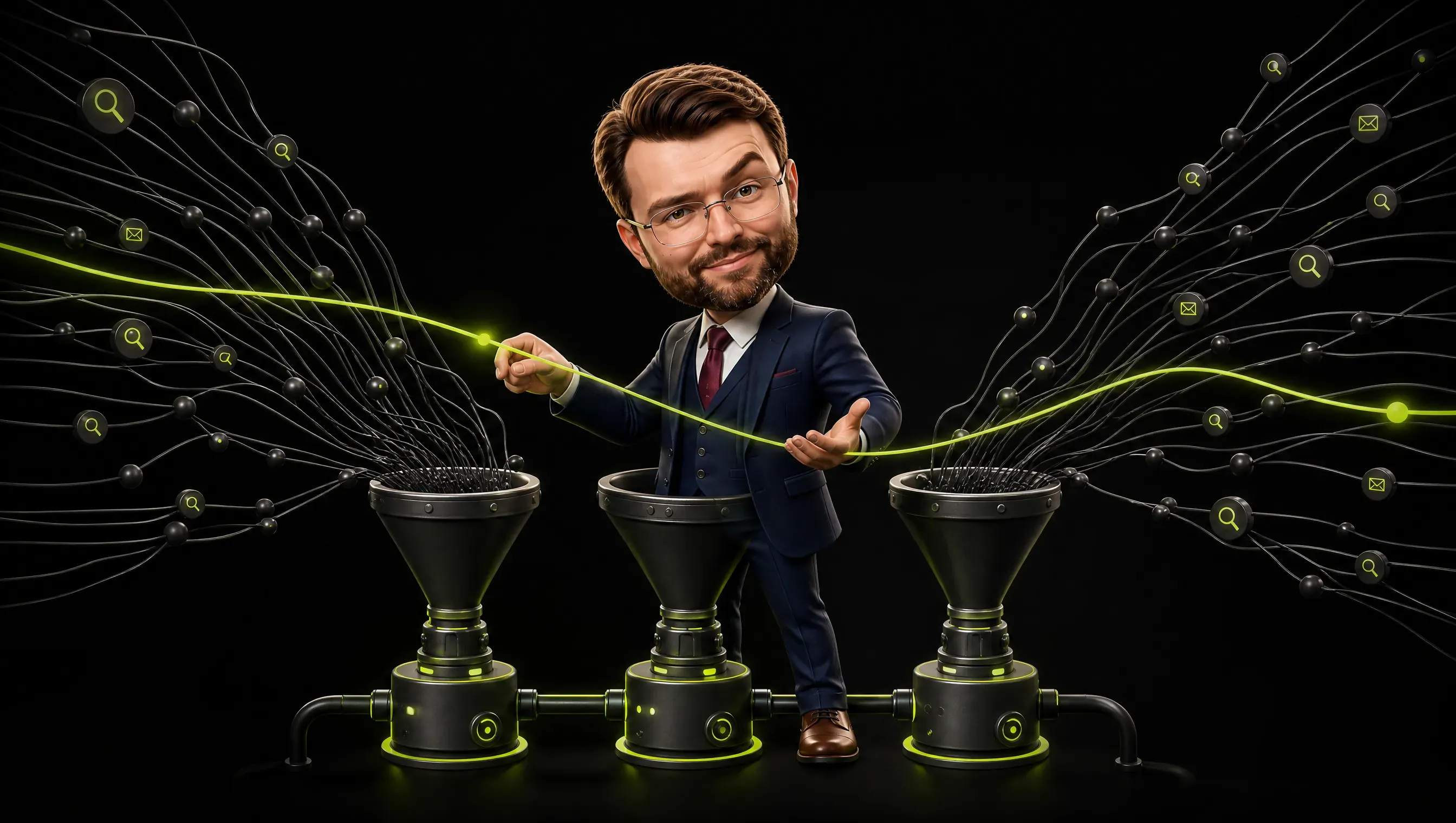 Thin threads from scattered search and message icons at the edges converge neatly into three distinct dark buckets, one brighter lime thread crossing the whole scene