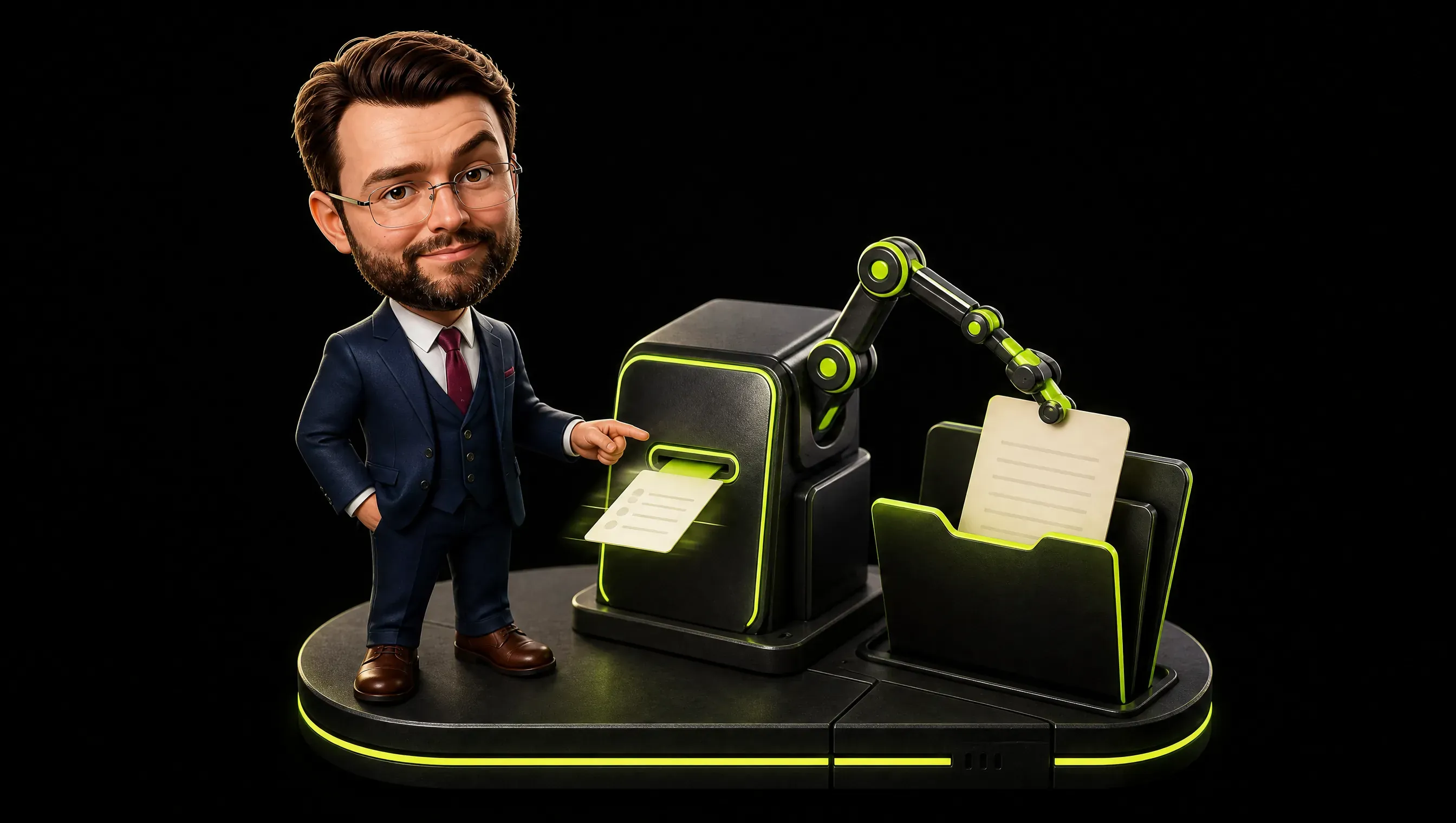 A tiny form card with five blank fields slides toward a dark checkout terminal while a slim lime mechanical arm plants a miniature page into an open folder beside it