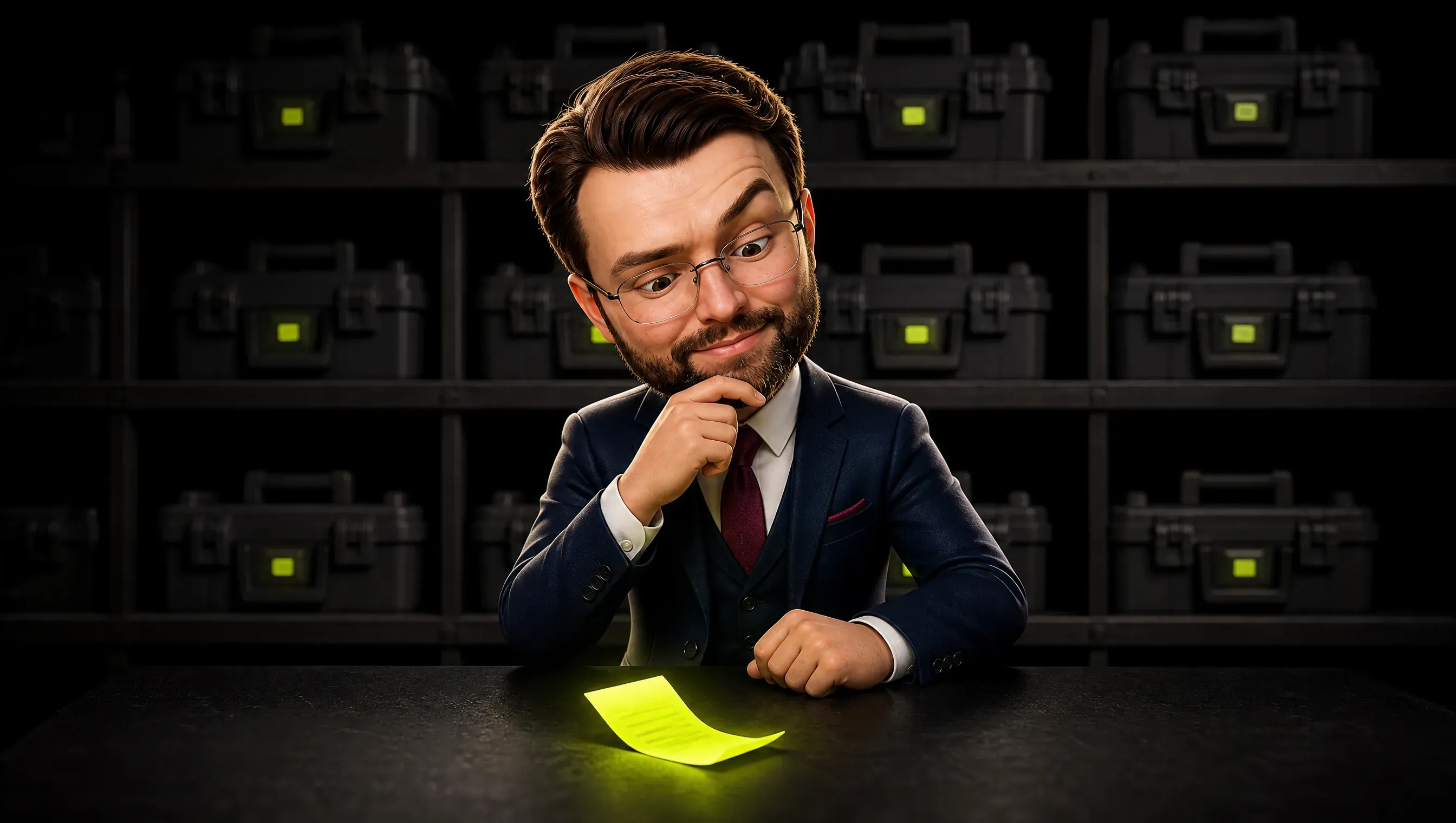 A dark shelf crowded with identical grey tool boxes fading into the dark toward the back, while a single small glowing lime receipt lies crisp on the desk in the foreground
