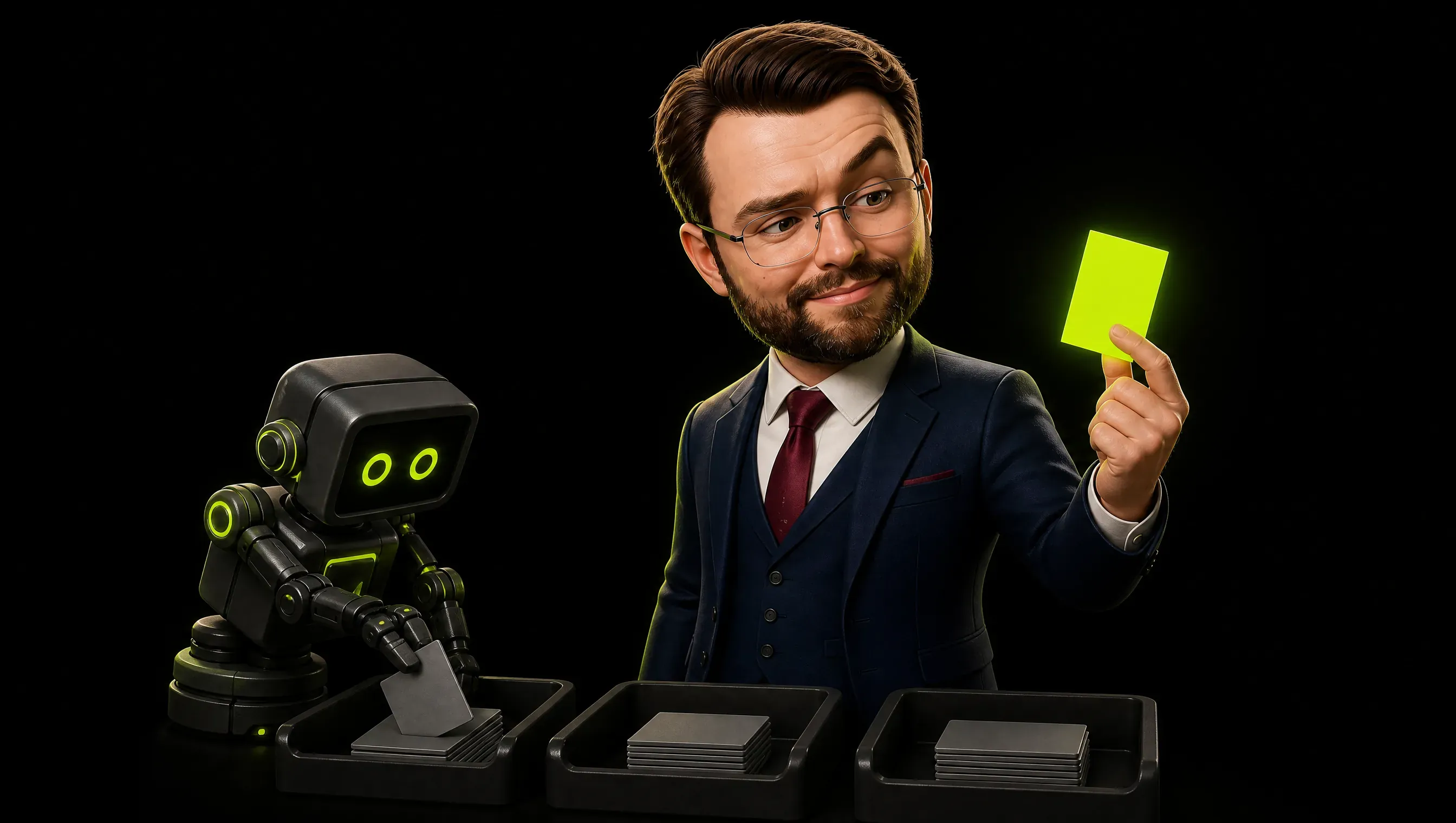 A small tidy robot sorts little grey sheets into three dark trays while a human hand holds apart one lime-highlighted card, the only lit element in the scene