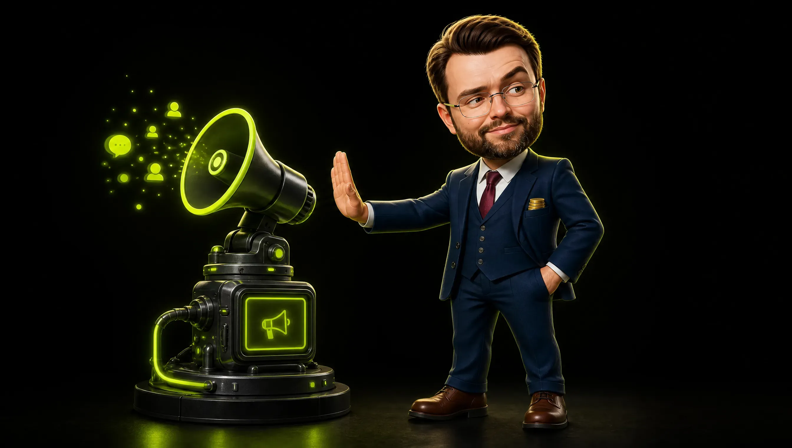 The marketer holds up an open palm in a calm stop gesture toward a glossy pulsing advertising machine, a small neat stack of coins untouched in his jacket pocket