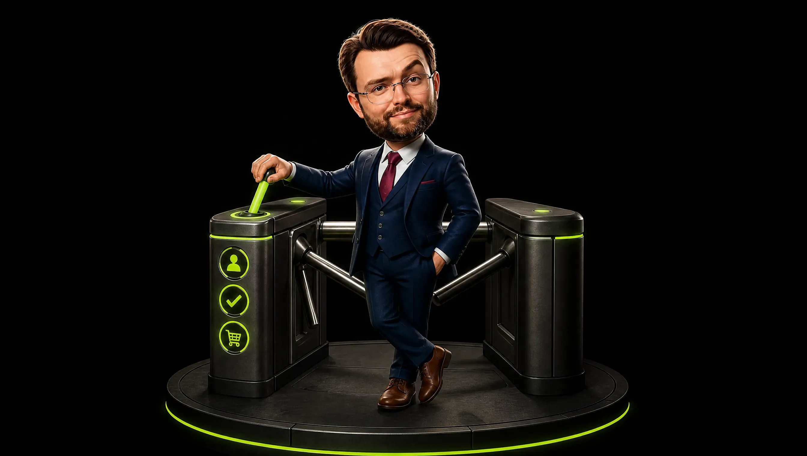 A dark turnstile with three lit lime indicators shown as icons, the clay figure with a hand resting on the green approval lever