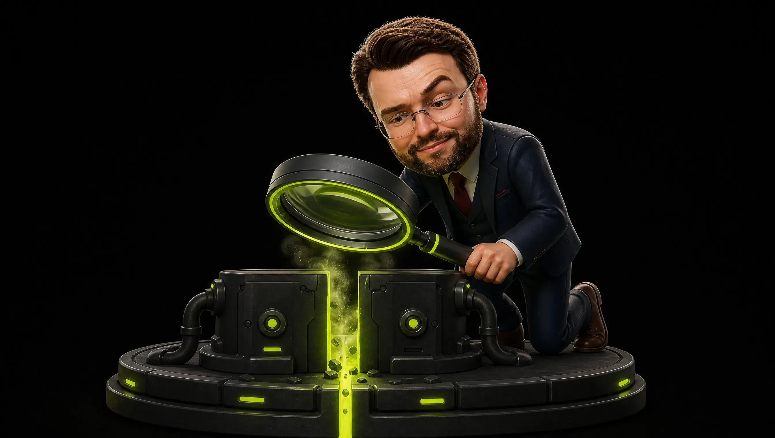 Two dark machine blocks separated by a vertical gap glowing lime, a small puff of dust escaping from the gap, a clay magnifying lens hovering right above it