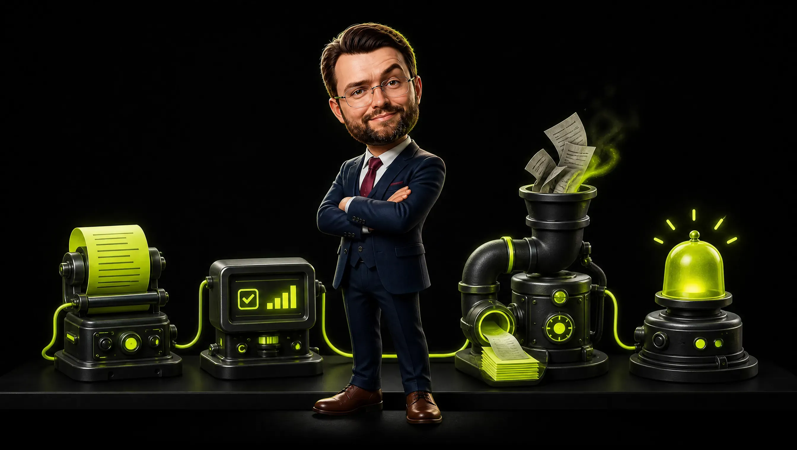Four small lime machines on a dark shelf, each with a differently shaped label: a newsletter scroll, a small dashboard with tick marks, a tube sucking dirty sheets in and expelling clean ones, a lit bell