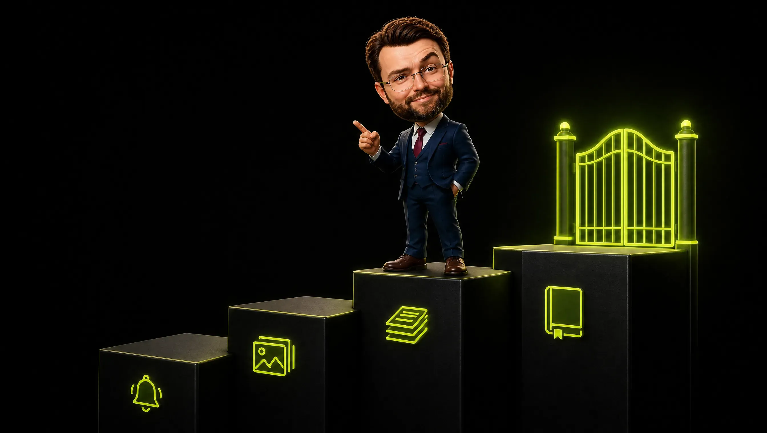 Four rising steps on a dark background, each with a small lime icon (bell, image compression, stack of notes, dictionary), the clay figure on the third step, a small lime gate at the top