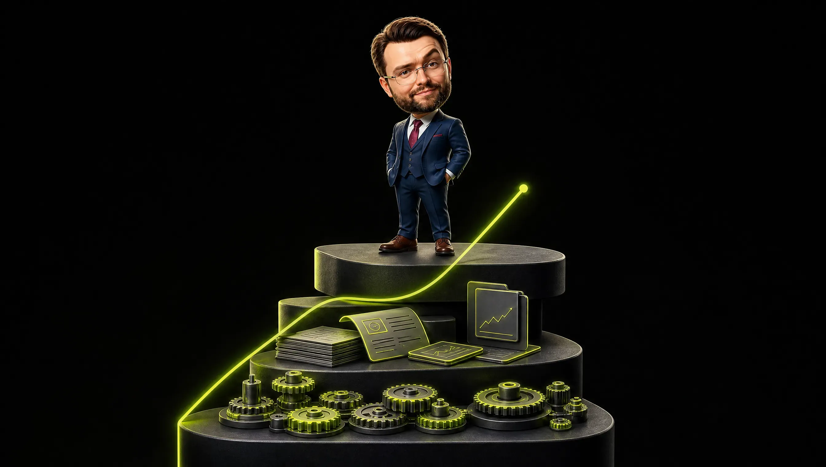 Three tiers stacked like a cantilevered staircase on a dark background: the lowest tier of compact ordered lime gears, the middle tier of semi-luminous sheets and cards, the top tier with a single clay figure standing still, a lime line rising from the bottom and stopping just short of the top