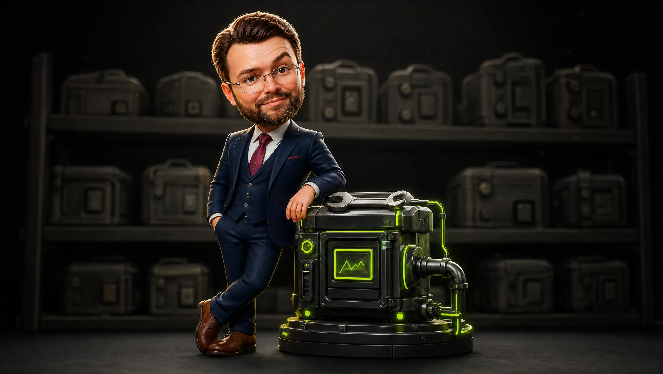 A shelf of identical dusty vendor boxes against a grey background, in front a small hand-assembled machine with lime edges and a wrench still resting on top