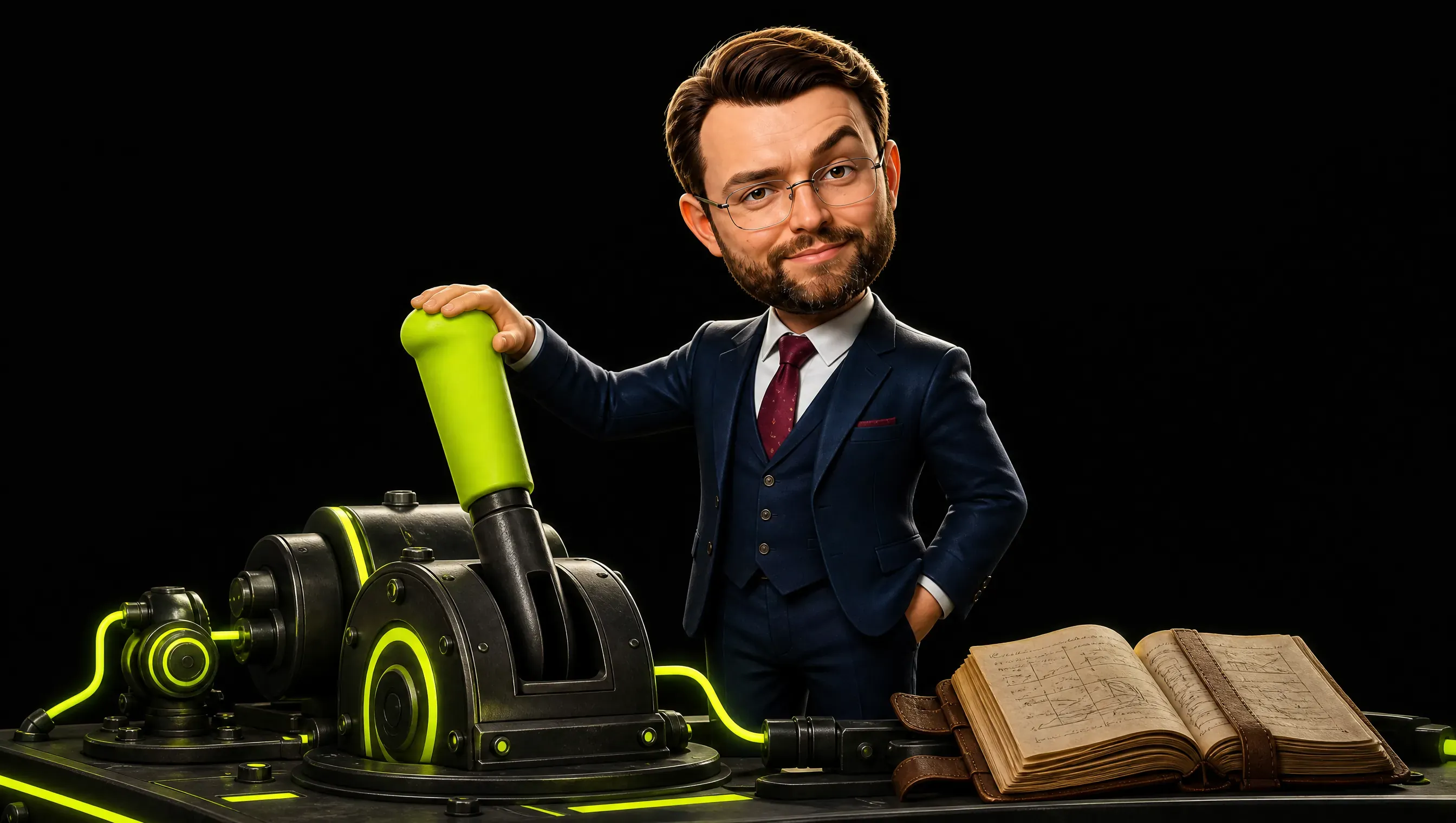 A large lime shut-off lever on a dark machine, the clay figure's hand resting on it calmly, an old manual open on the bench as fallback