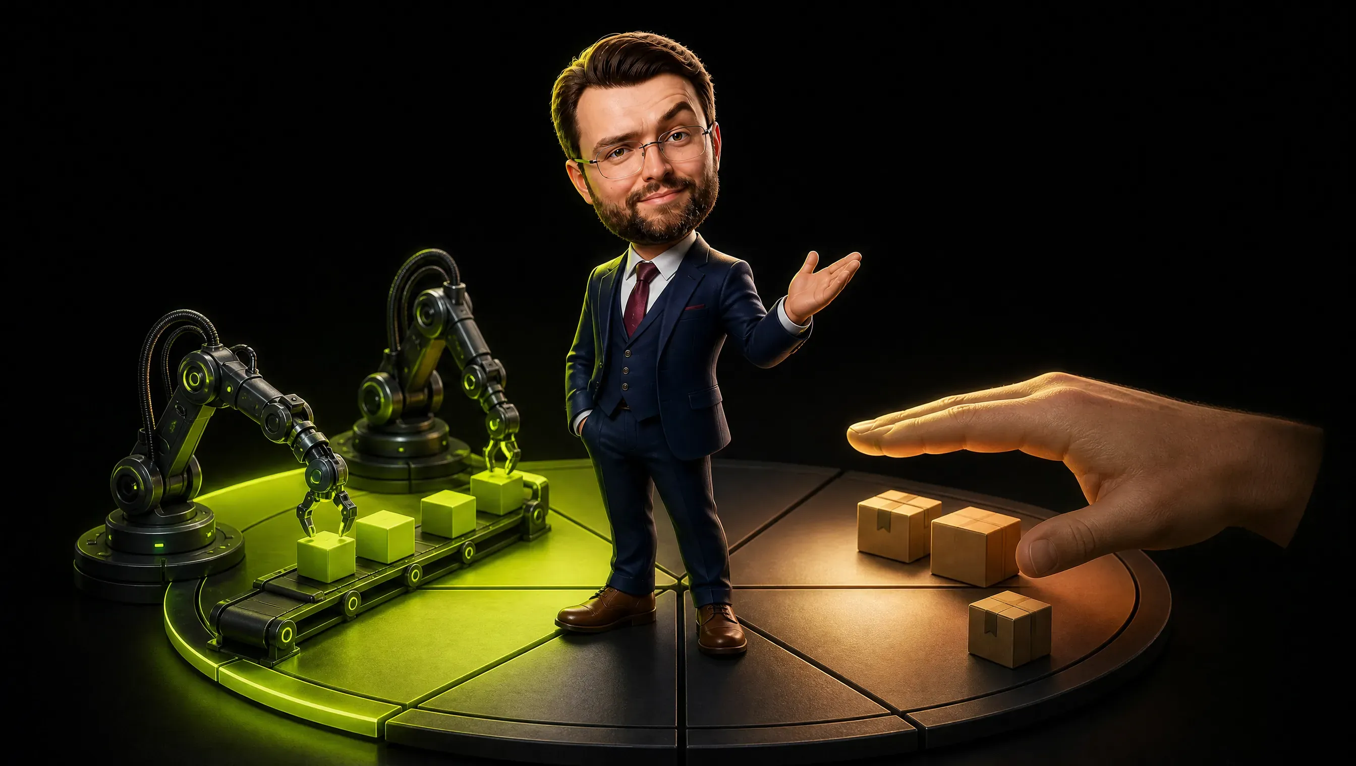 A dark floor with a 2x2 grid, one quadrant lit lime with small robot arms at work, the opposite quadrant in warm light with a human hand guarding three small boxes