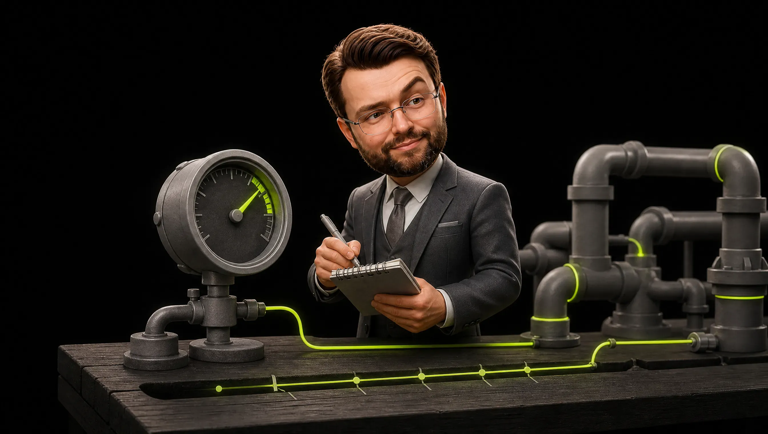 A clay gauge on a dark bench connected by a thin lime line to a pipe pipeline, the clay figure noting values in a notebook beside a baseline carved into the wood