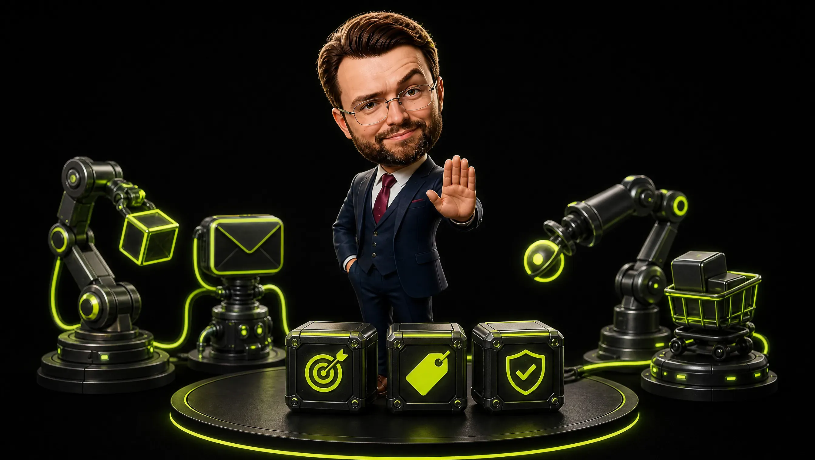 The clay figure with a palm raised in a calm stop gesture in front of three small boxes marked with icons, a target, a price tag and a shield, lime robots working around them untouched