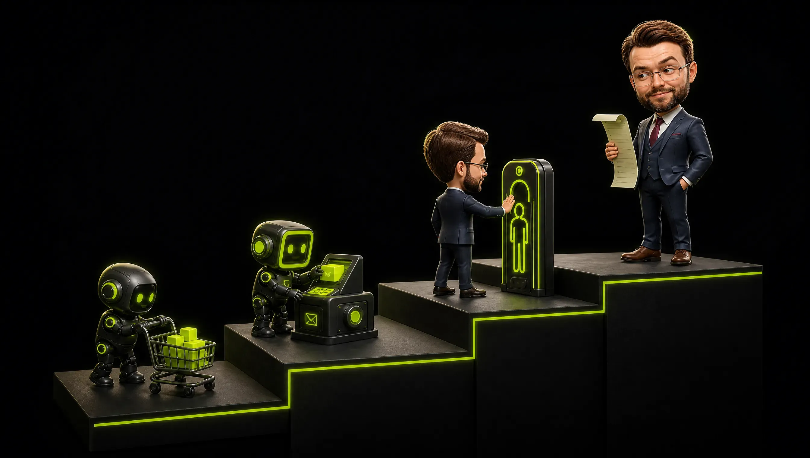 Four ascending steps, lime robots working on the first two, a human gate on the third, the clay figure watching from the fourth with a list in hand