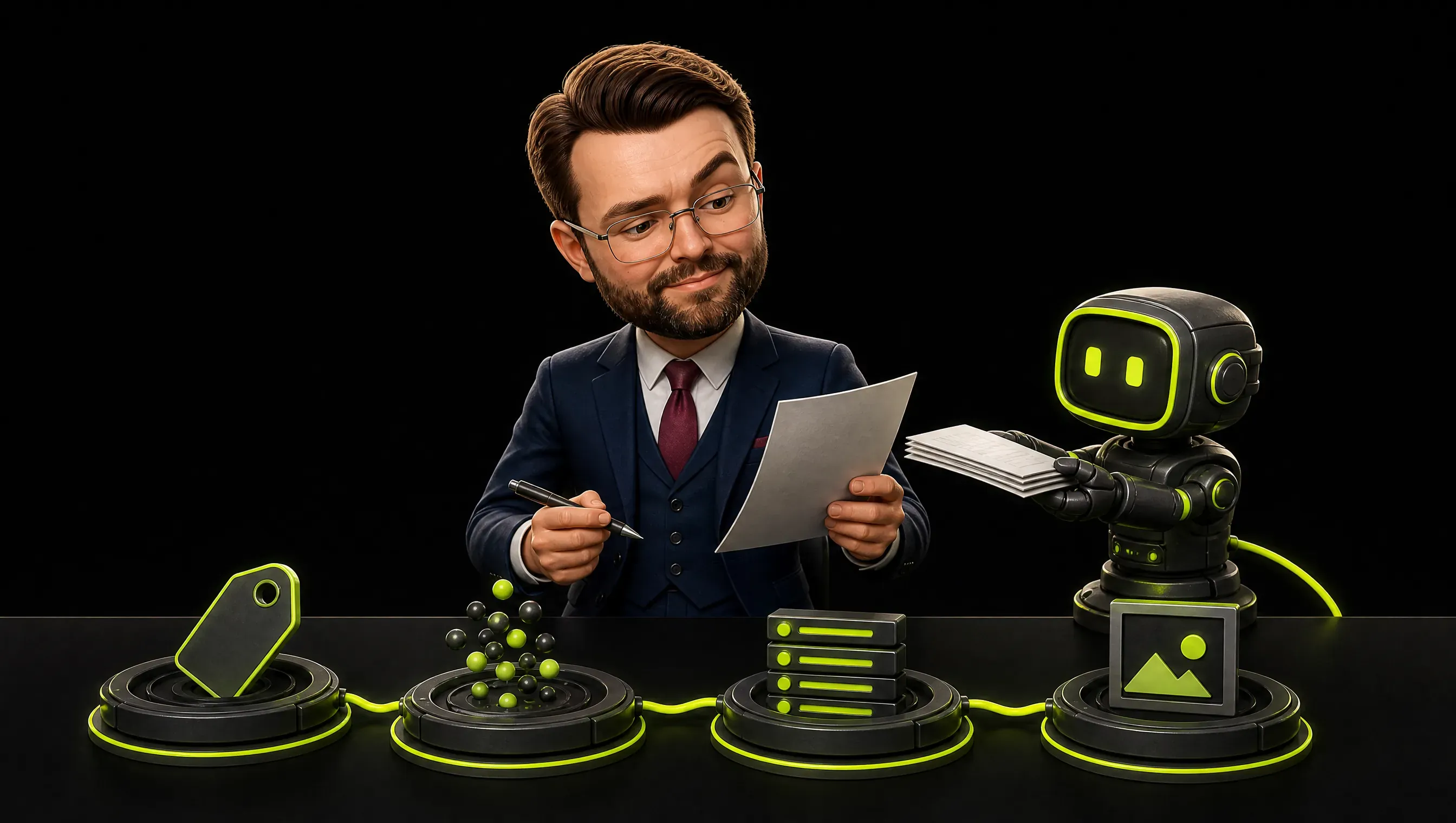 Four small stations on the dark desk: a tag, a cluster of dots, a stack of rows, an image frame, while a small clay robot hands sheets to the clay marketer who reviews them with a pen