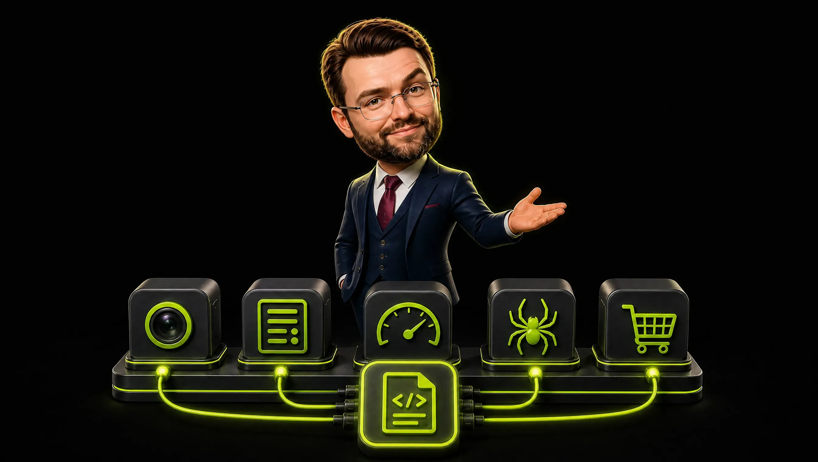 A row of dark modules with lime edges, each carrying a small icon: magnifier, SERP lines, speed dial, crawl spider, thin lime lines linking them to a central script node on the desk