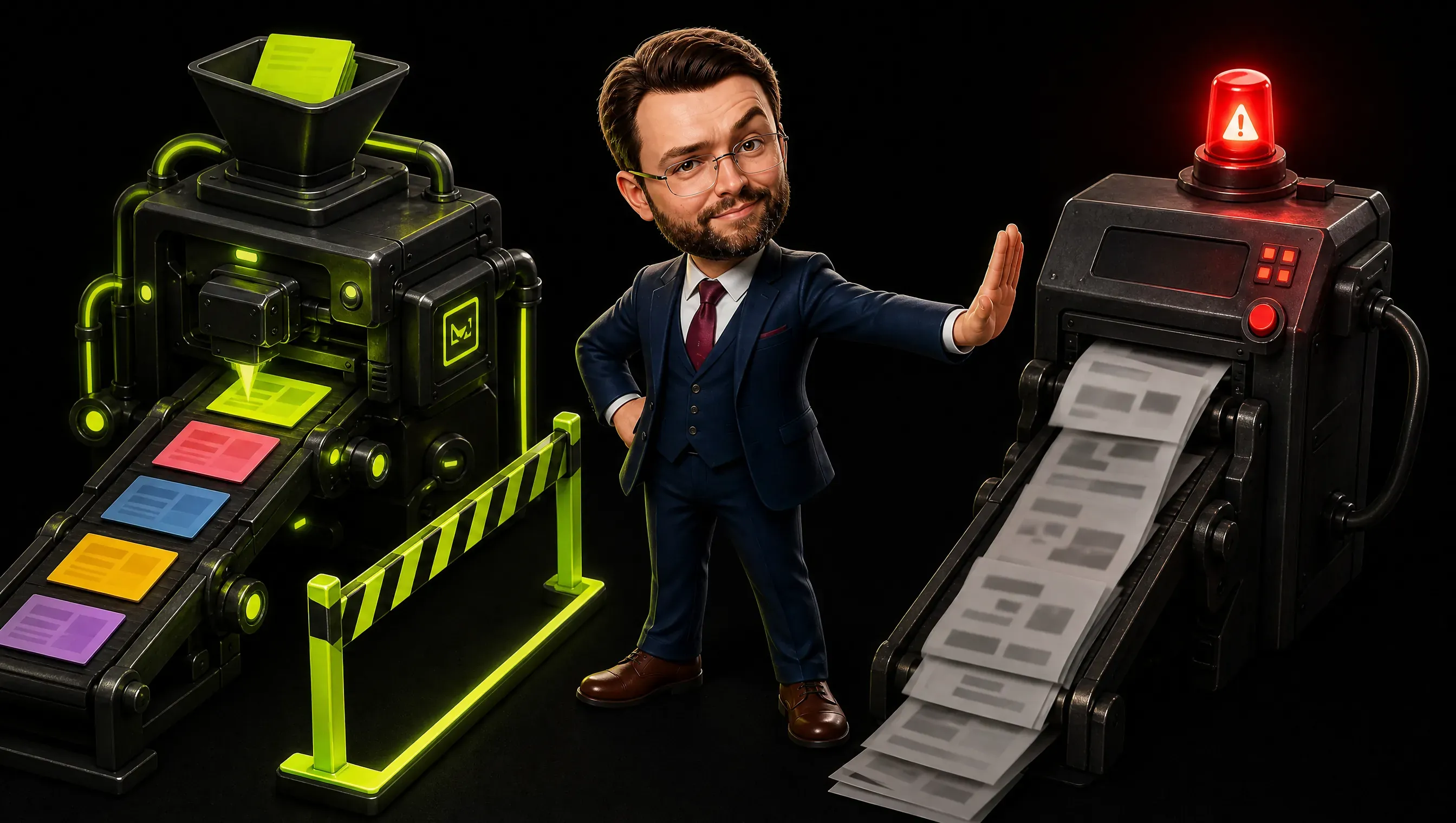 A split scene: on the left a machine printing the same unreadable word on five differently colored cards, blocked by a lime barrier; on the right a printer with a red warning light stopped by the marketer's hand