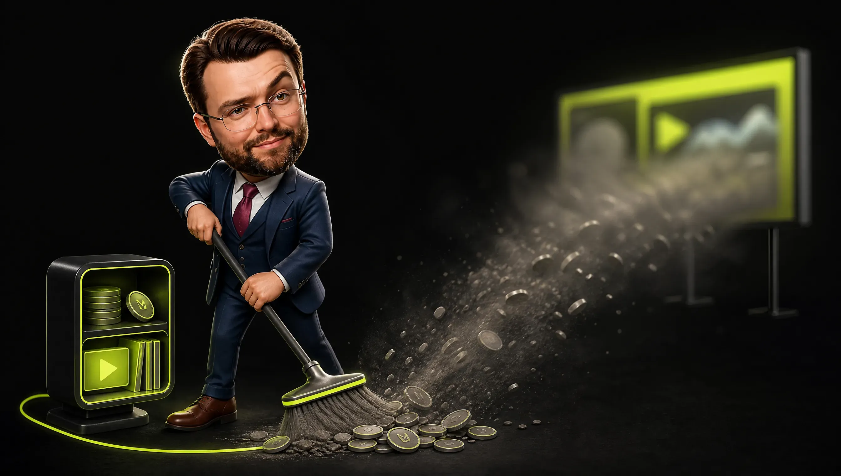 A small pile of coins: most swept away as grey dust toward a wide blurred billboard, while the few remaining feed a compact shelf of content glowing lime