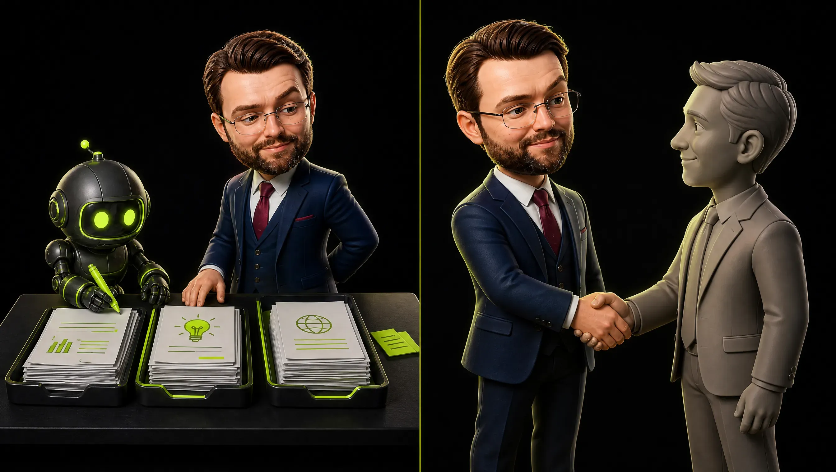 Split scene: on the left a small clay robot at a dark desk produces neat stacks of drafts and translations with lime accents, on the right two clay people shake hands in warm light, separated by a thin line