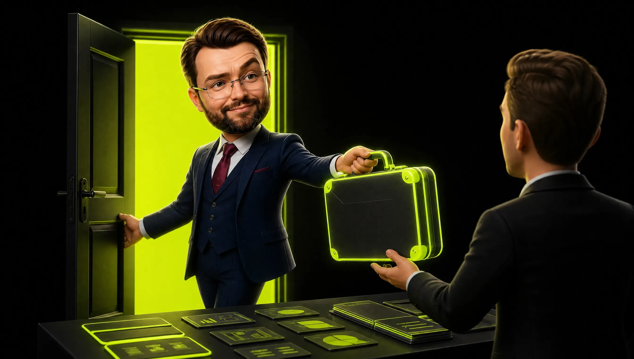 A clay salesperson steps through a bright doorway holding a glowing lime briefcase, as the marketer hands it over from a dark counter covered with tidy slides and cards
