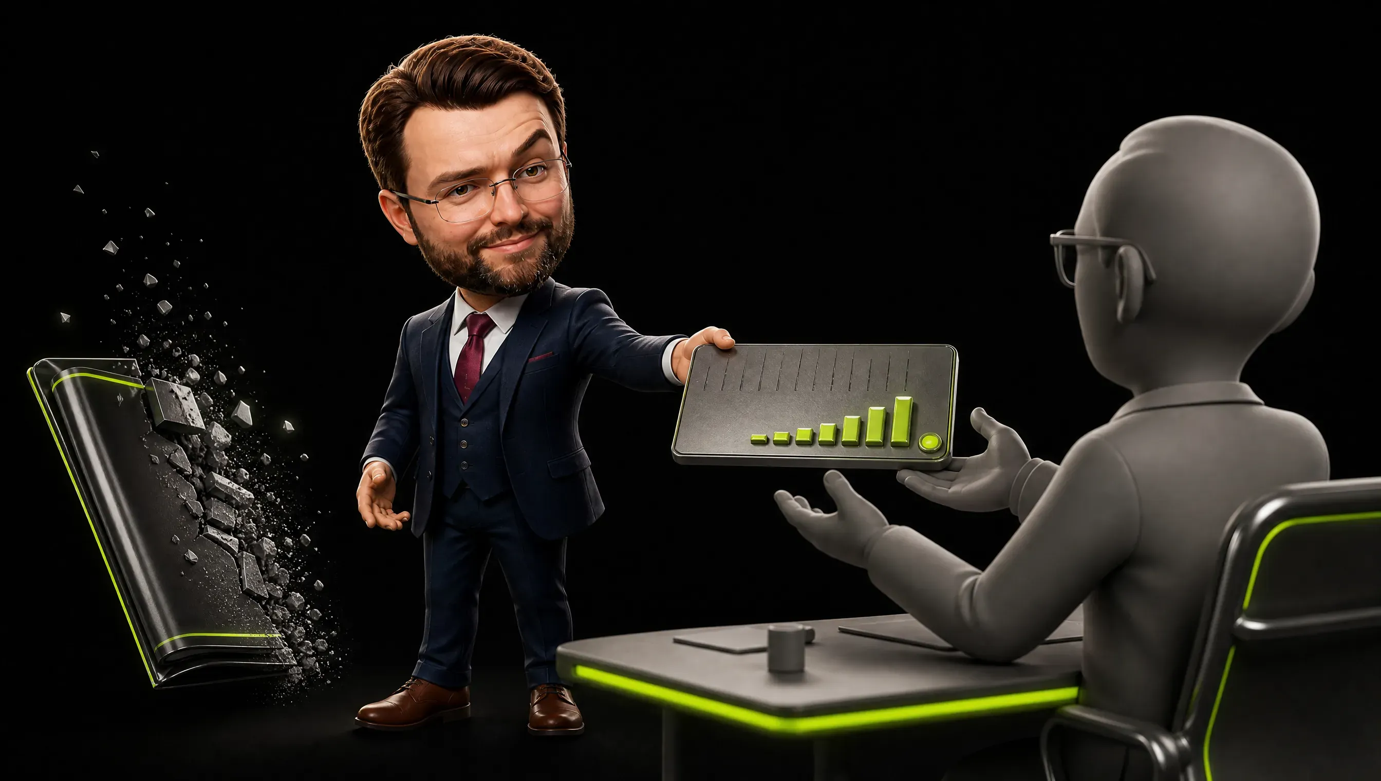 Split scene: on the left a glossy brochure crumbles into grey particles, on the right an engraved metal plate with counting notches and small growing lime bars, handed by the marketer to a clay committee member