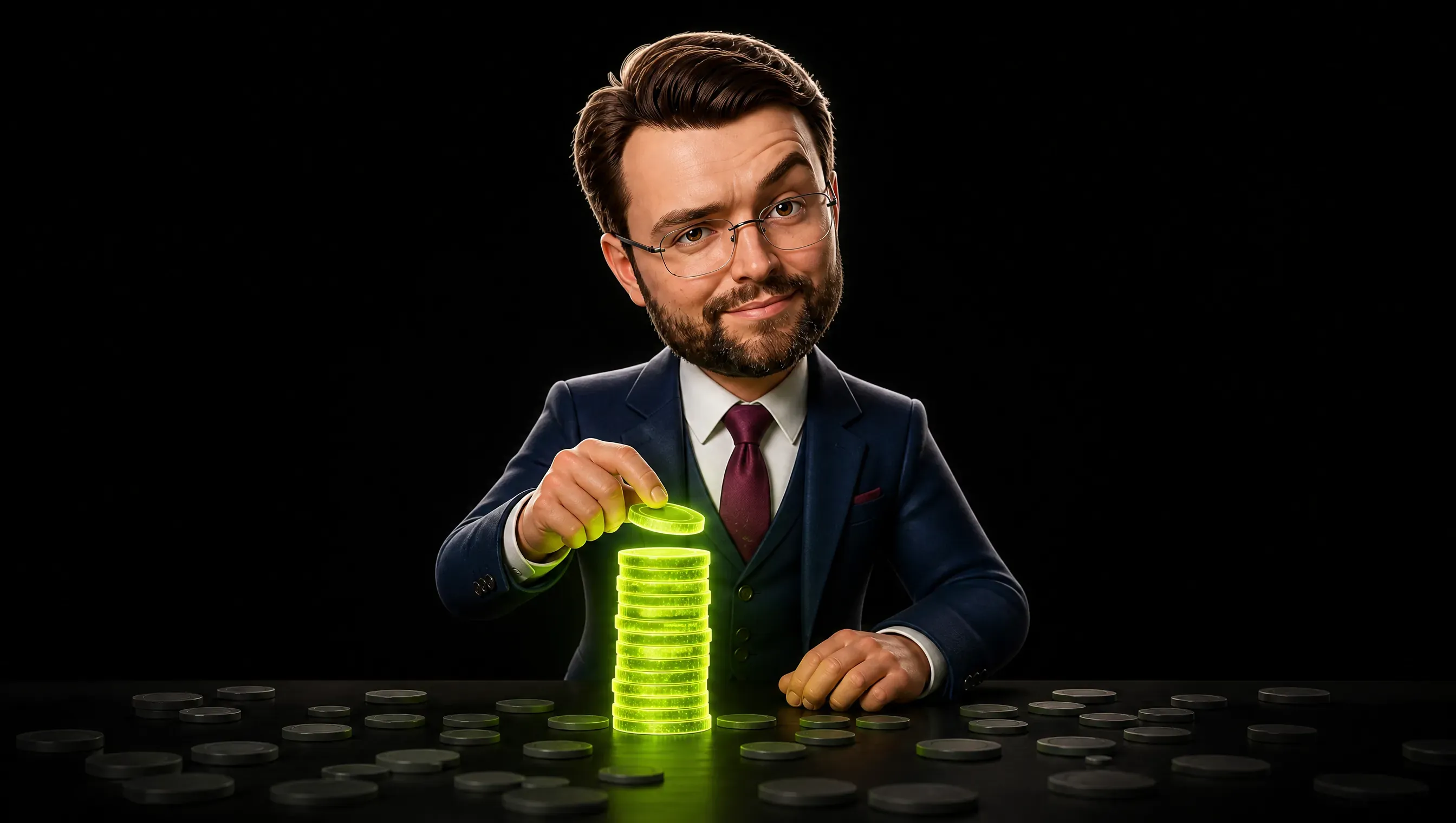 A dark table with many small grey chips scattered and dull, while in one spot the lime chips stack into a compact glowing tower