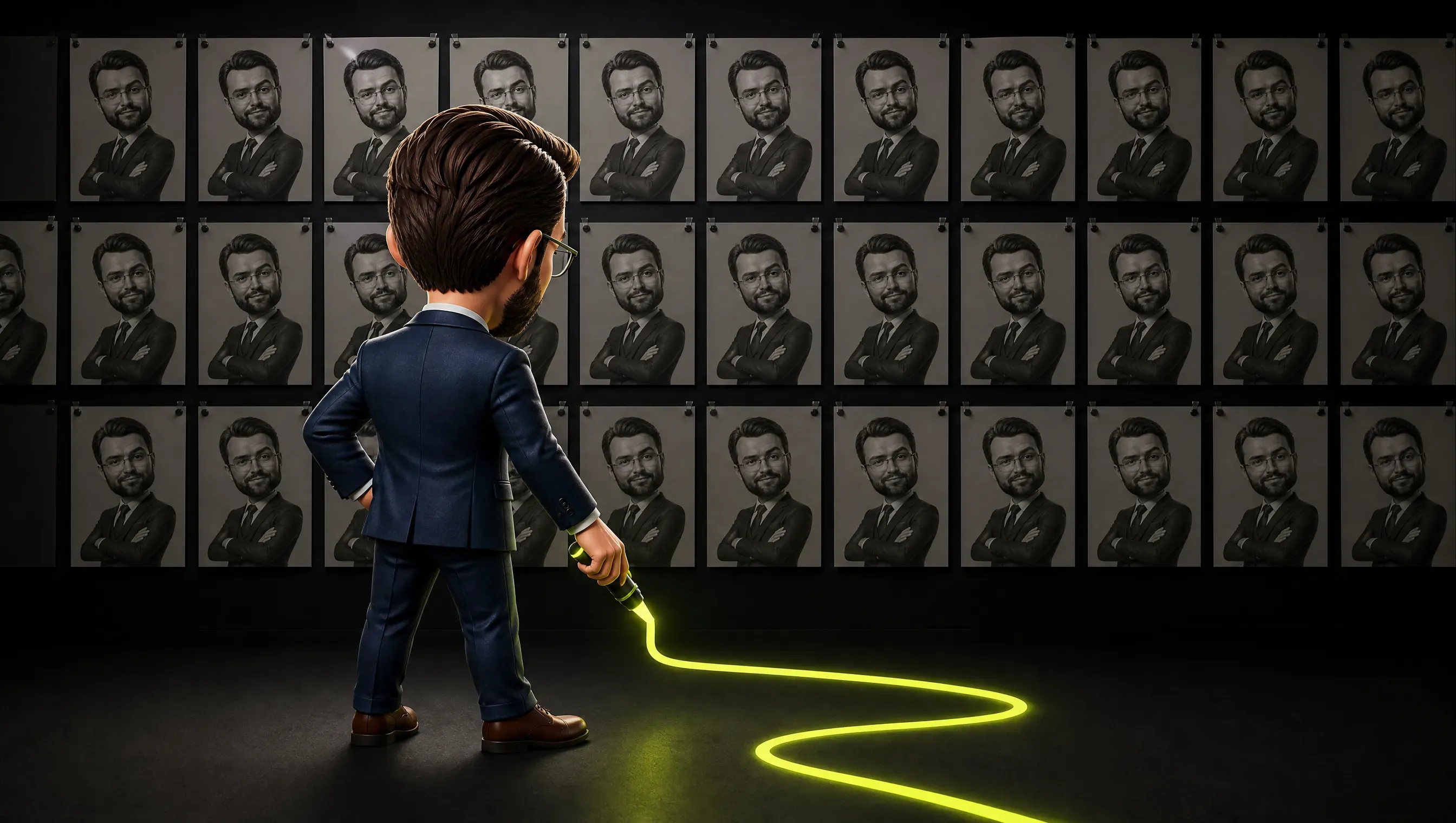 The clay marketer seen from behind faces a wall of identical grey posters, drawing a lime line on the floor in front of him