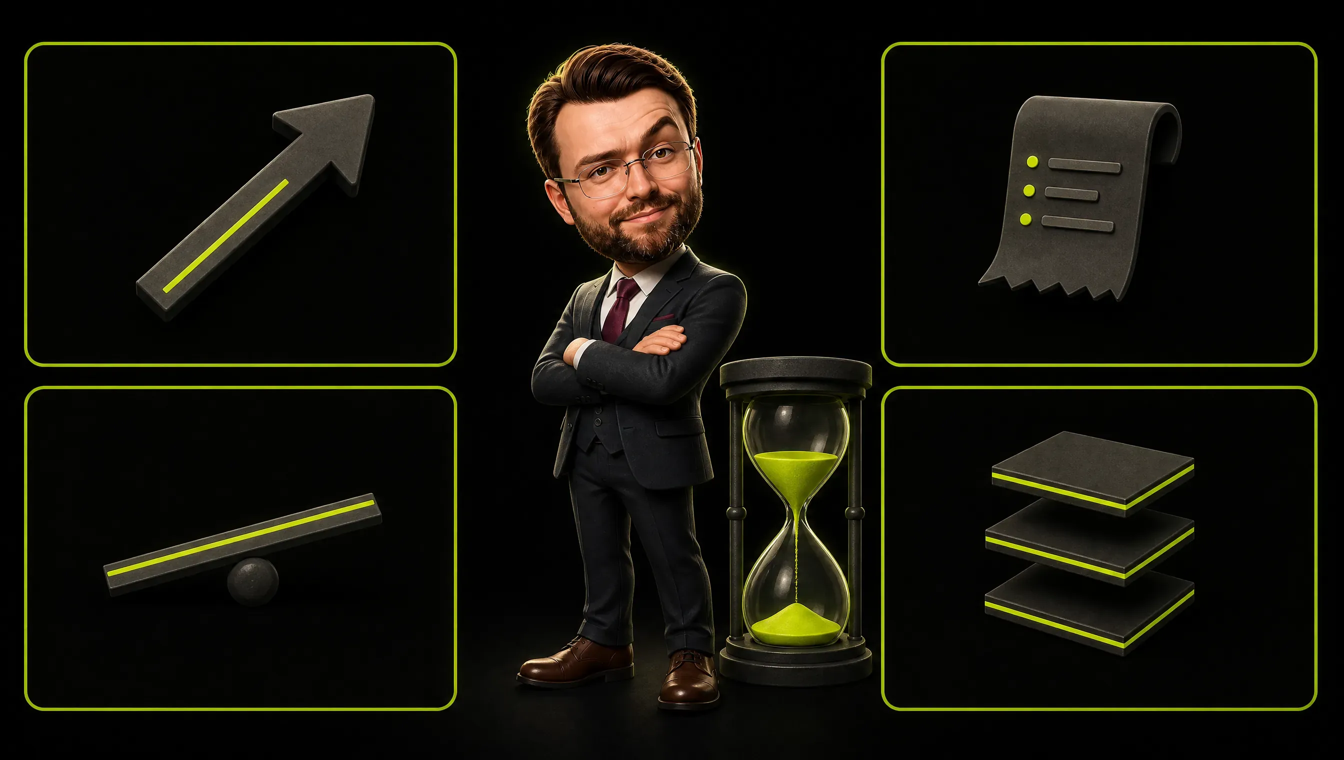 A single dark page split into four quadrants with lime borders, each holding a small clay icon: a straight arrow, an opposition line, a receipt, three repeated surfaces, beside a nearly empty hourglass
