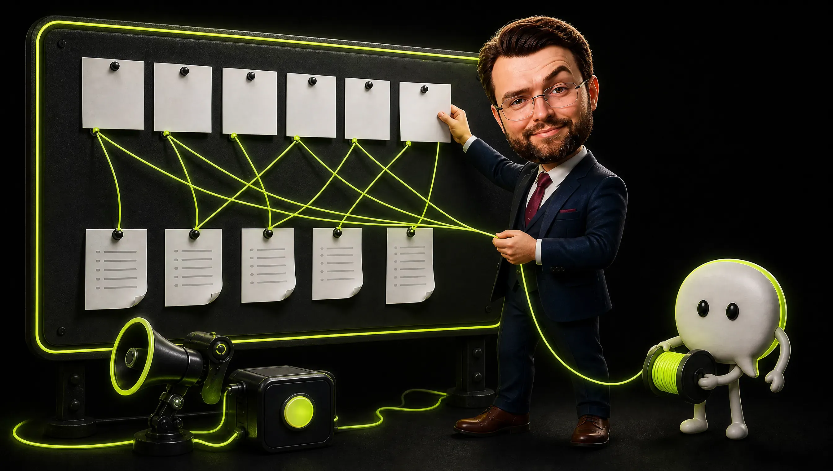 A marketer pinning question cards and printed answer sheets to a dark board with lime string connecting each question to the answer it produced, a small white speech-bubble character holding the spool