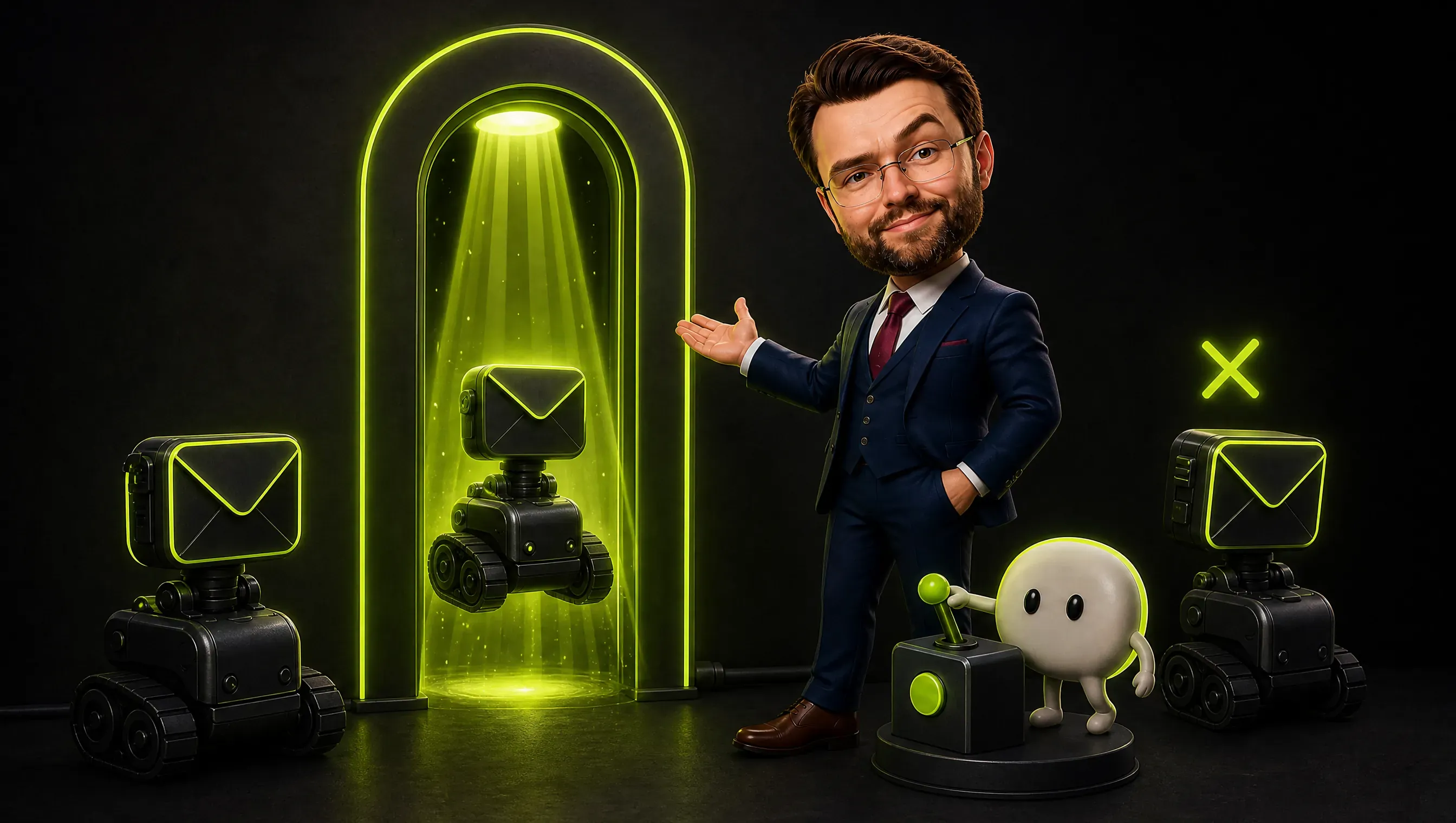 A glowing gate in a dark wall with three small crawler robots: one admitted by a lime beam, one waiting beside a separate switch, one turned away at the edge