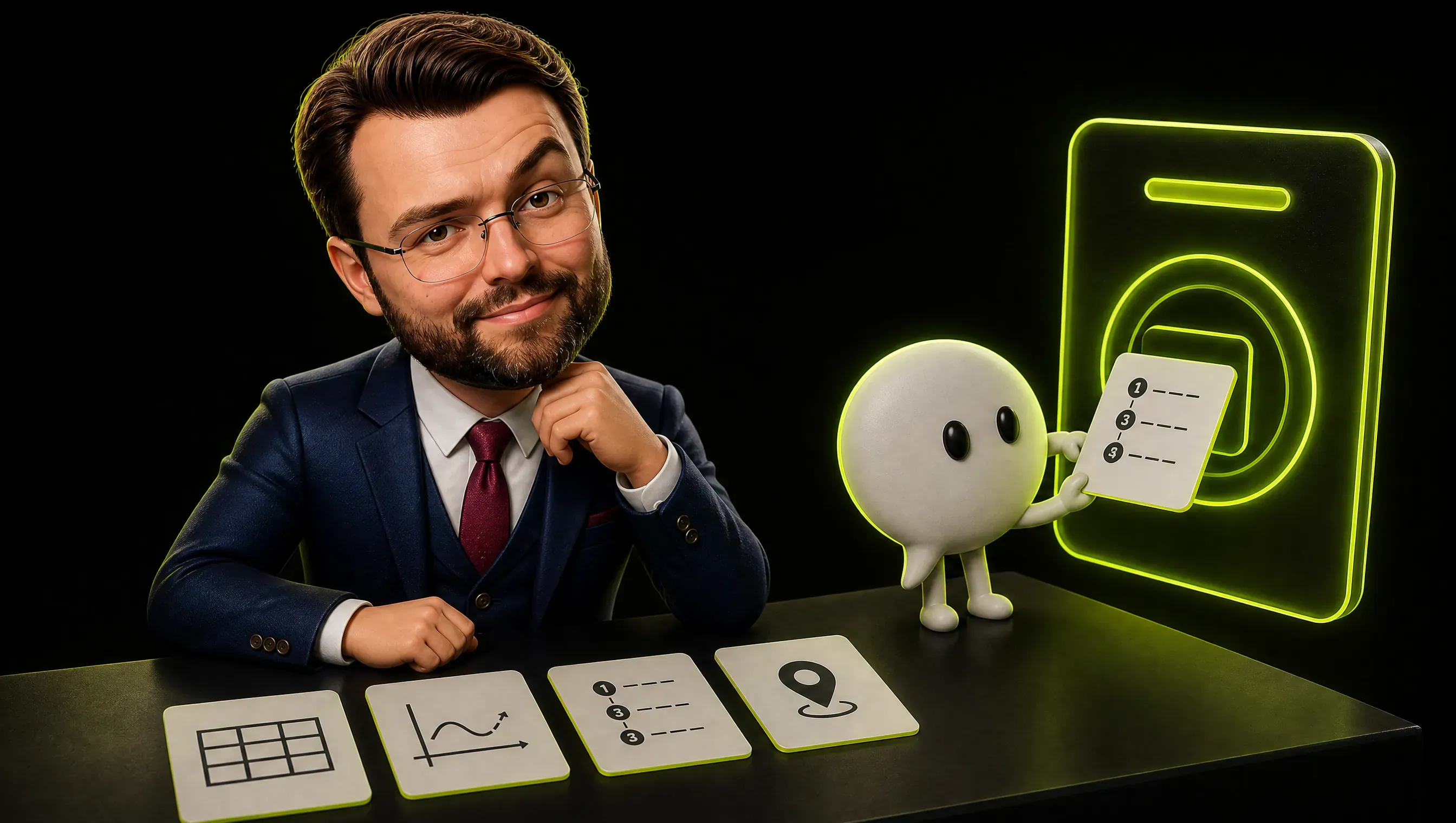 A dark table with four index cards marked with pictograms, a price grid, a formula curve, a numbered step list and a map pin, while a small white speech-bubble character lifts a card toward a glowing interface and a marketer watches