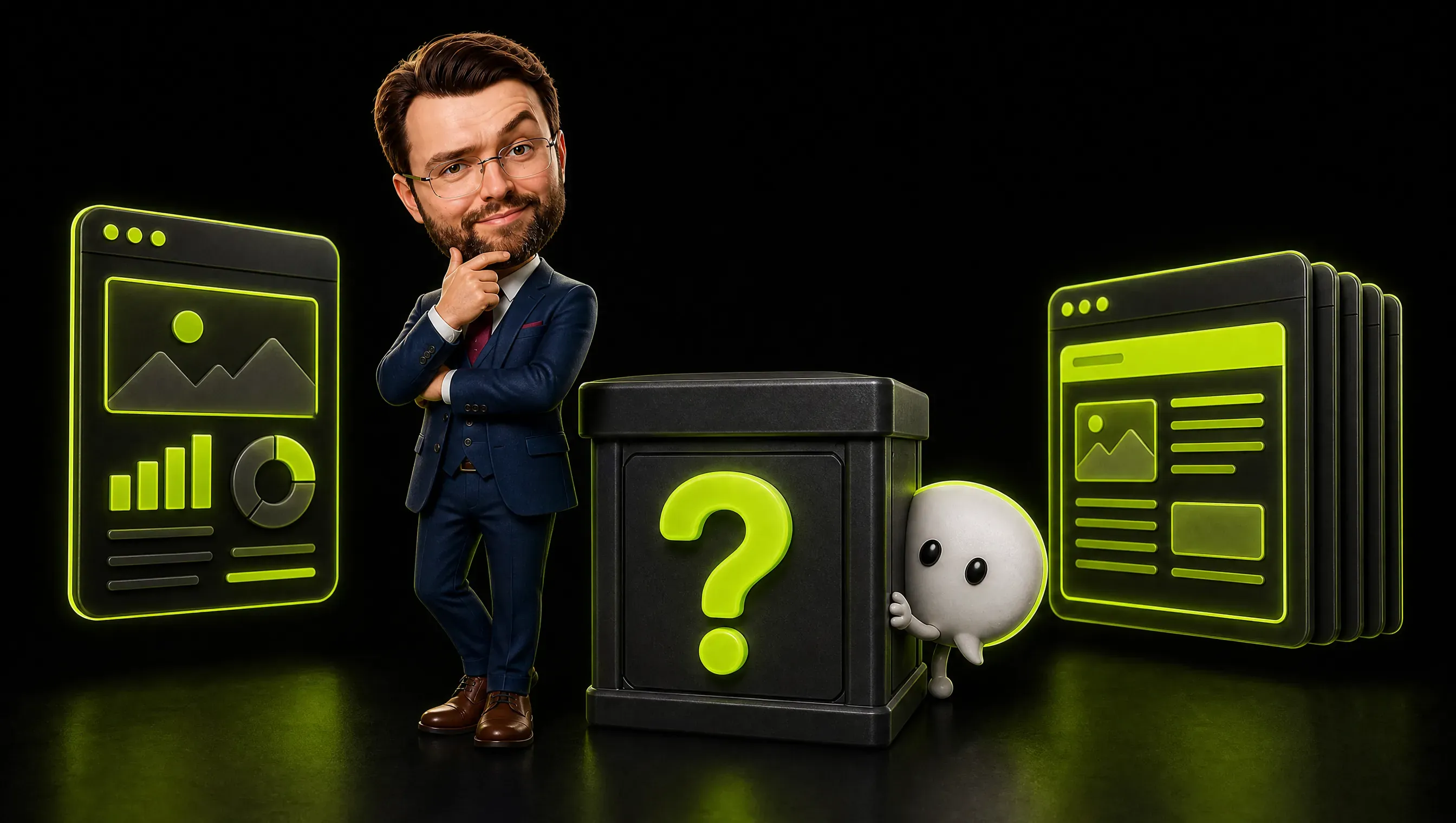 A sealed lime-lit box labeled with a question mark sits between a glowing chat interface and a stack of web pages, with no cable connecting them