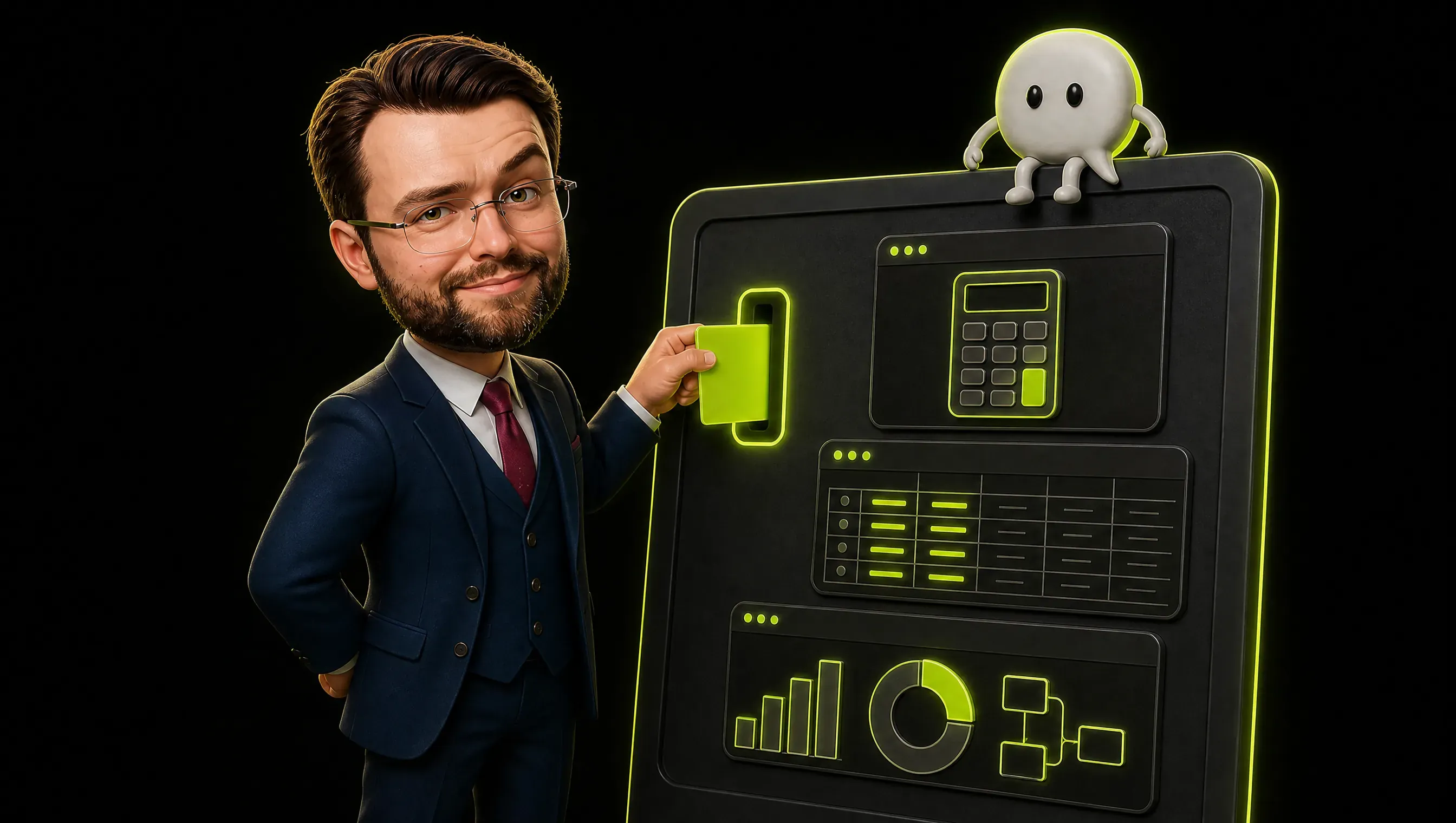 A marketer pushing a glowing lime card into a slot in a tall dark panel while a chat window sprouts a calculator, a comparison table and a small diagram