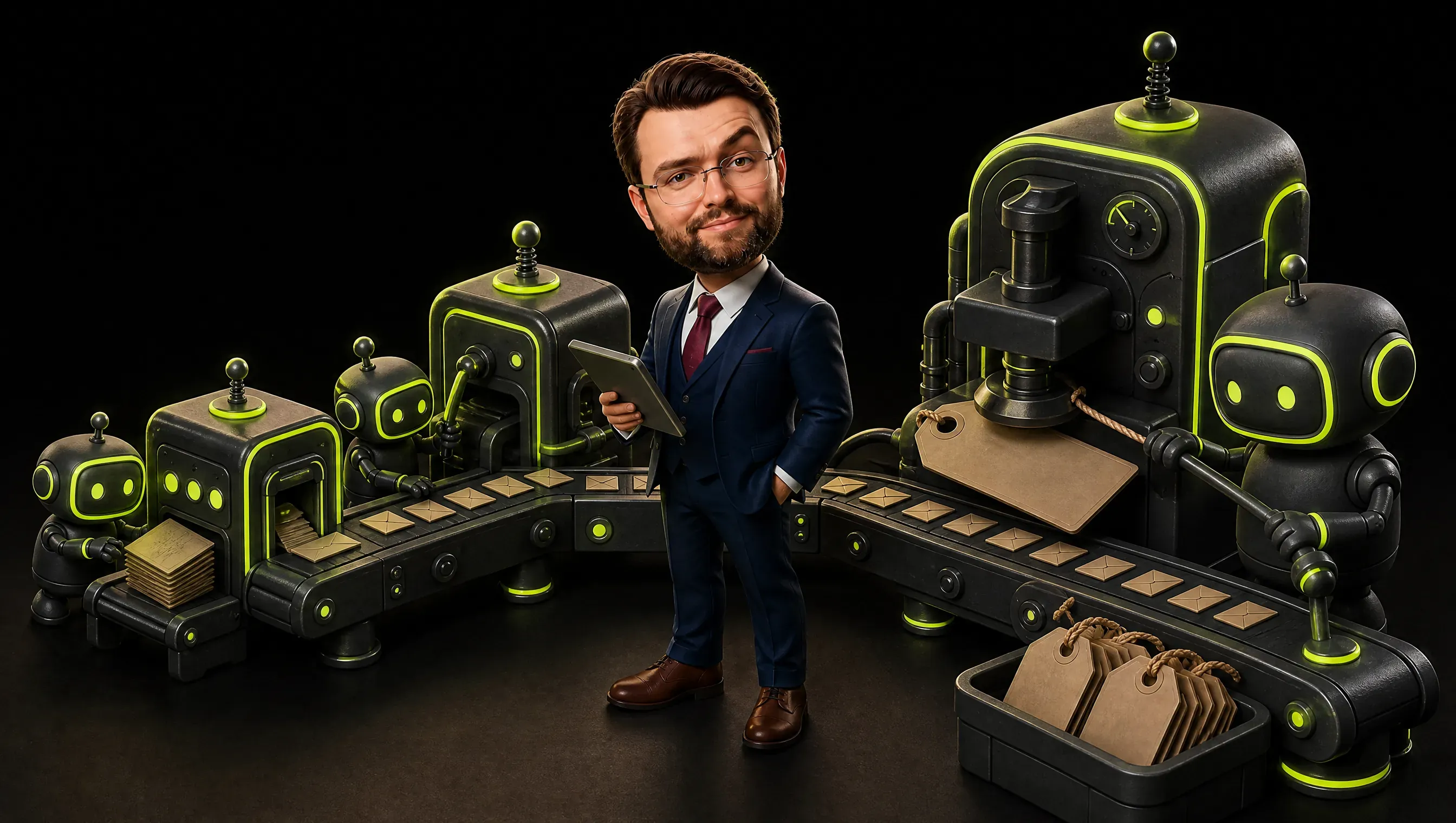 A marketer feeding a conveyor of tiny letters into three machines of different sizes, the smallest one finishing first and the largest one stamping a heavy price tag
