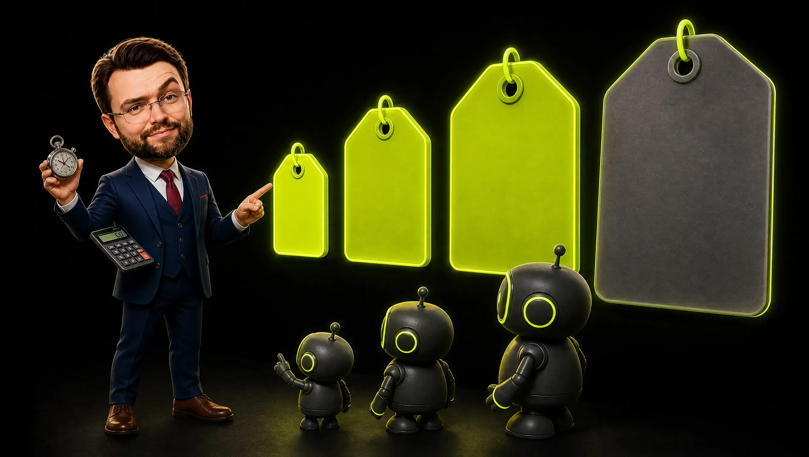 A marketer in front of a wall of four glowing price tags, from a tiny lime one to a giant grey one, holding a stopwatch and a calculator