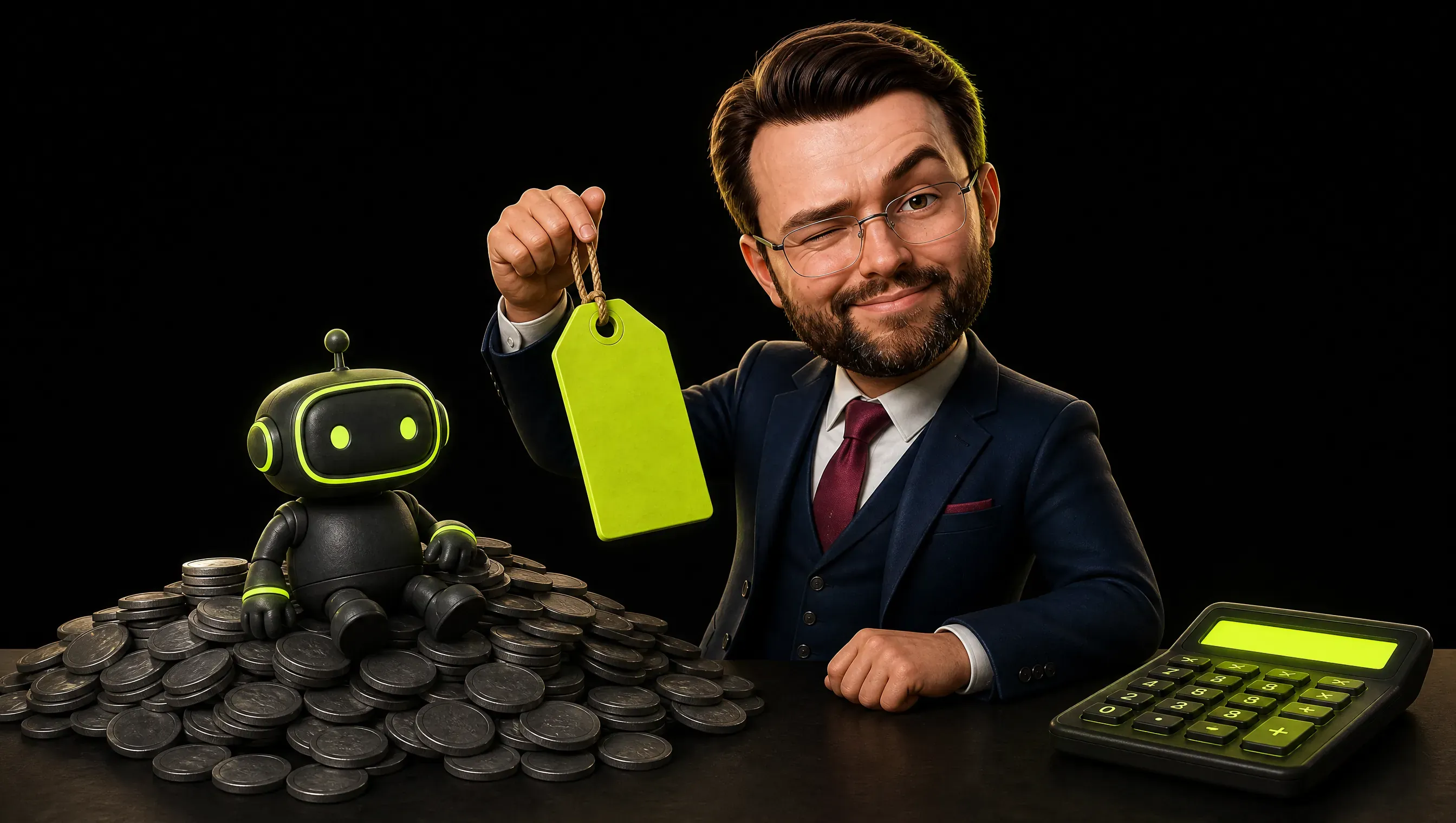 A small lime price tag on a table with a heap of grey token coins spilling out from behind it, a glowing calculator beside the tag, and a marketer who lifts the tag and winks