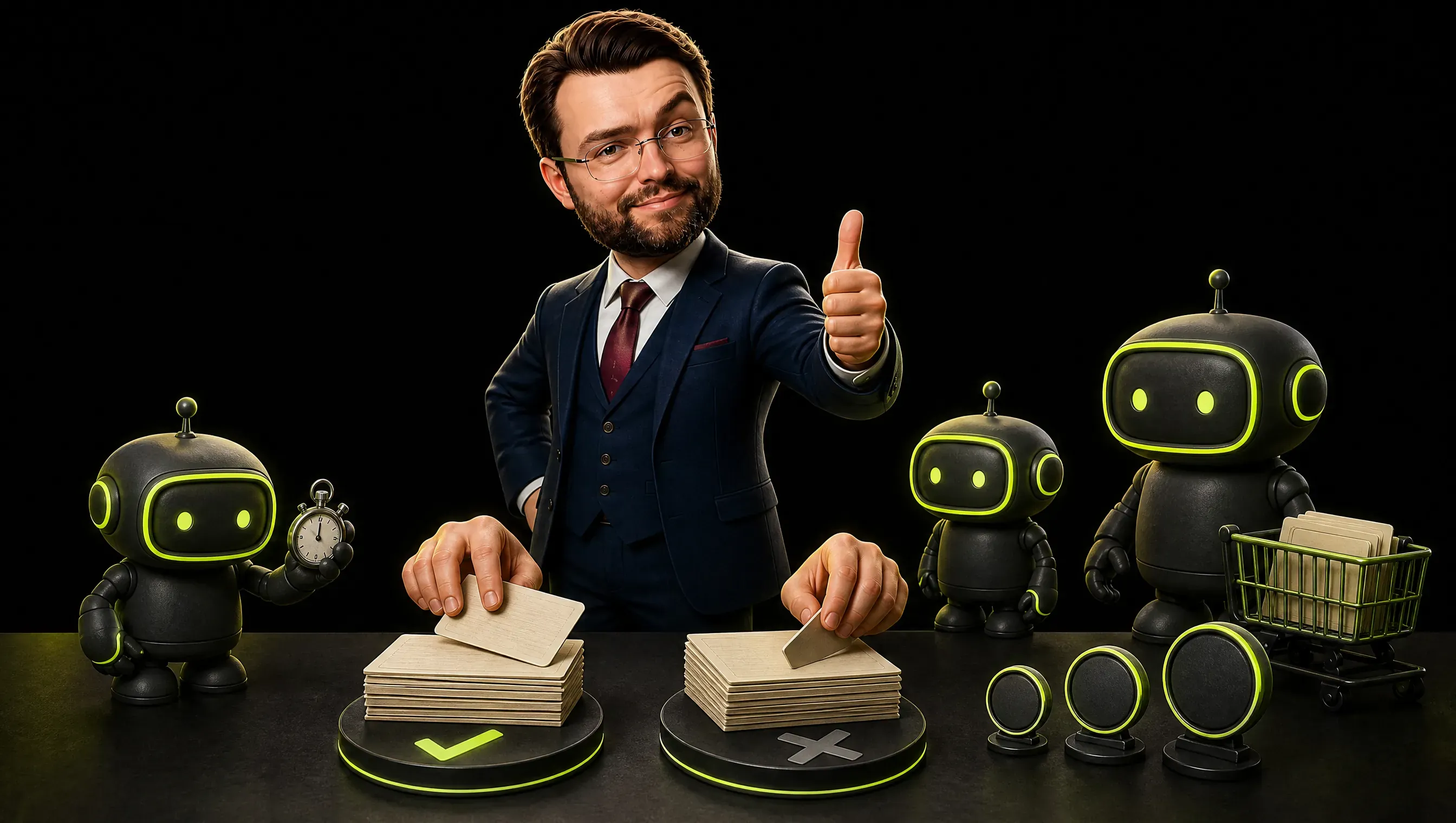Two hands sorting index cards on a dark table into a pass pile with a lime tick and a fail pile with a grey cross, three round model badges of different sizes beside the piles, a marketer giving a thumbs up behind