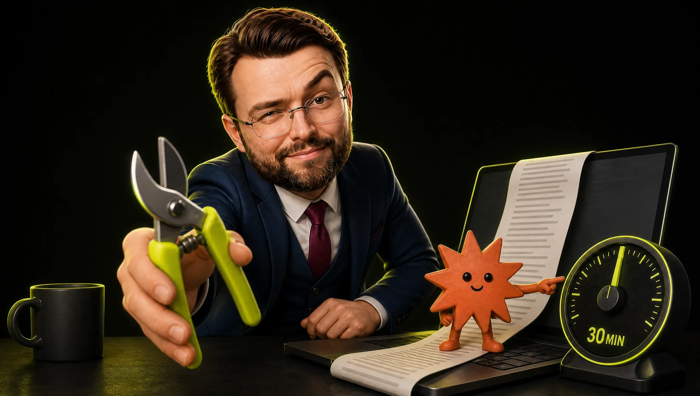 A clay-style marketer hands pruning shears to the viewer across a desk with a laptop showing an endless scrolling file, a timer set to 30 MIN and a small spark-shaped assistant pointing at it