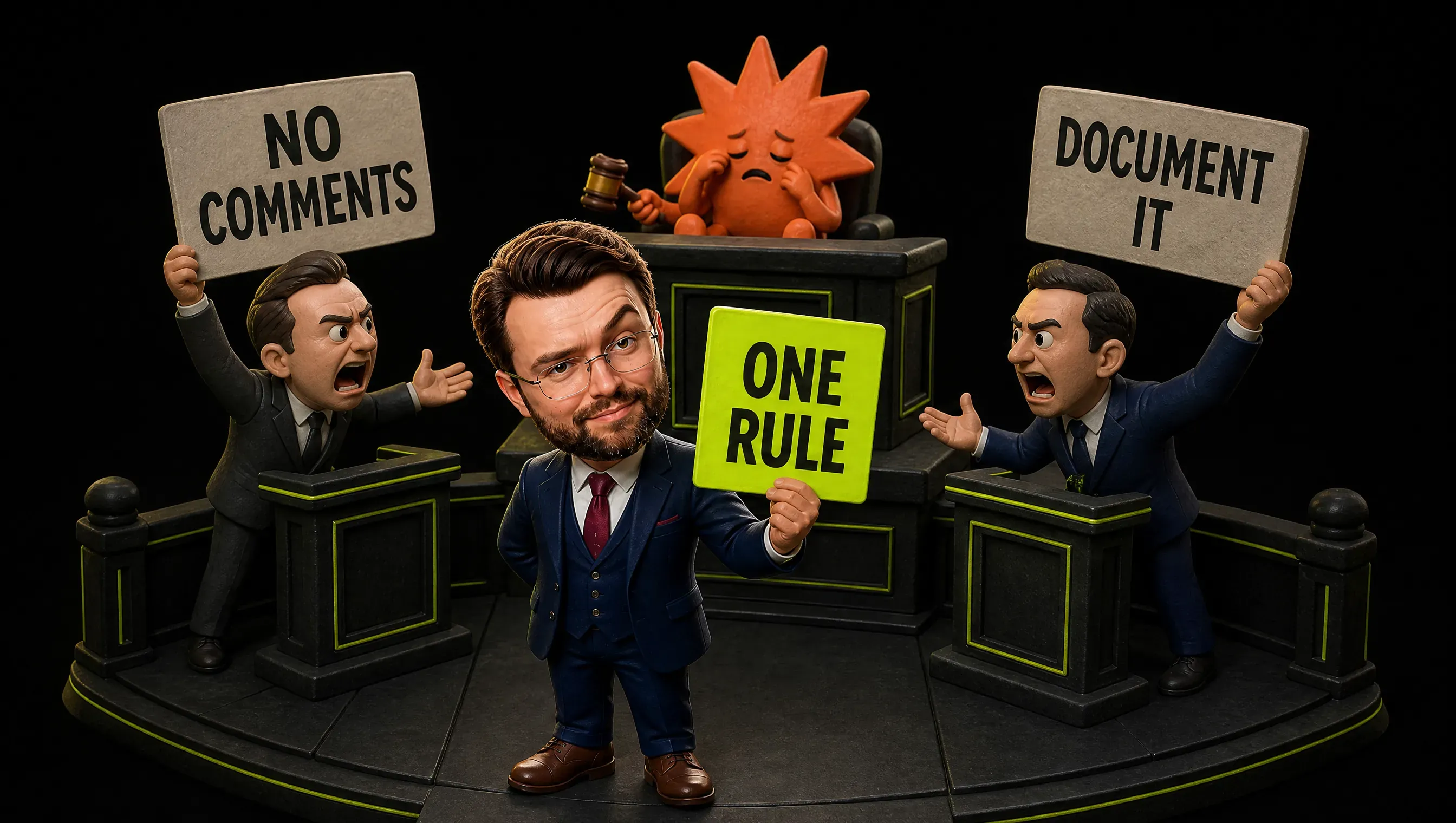 Two tiny lawyers wave signs that read NO COMMENTS and DOCUMENT IT in front of a tired spark-shaped judge, while a clay-style marketer in a vest acts as bailiff and holds up a sign that reads ONE RULE