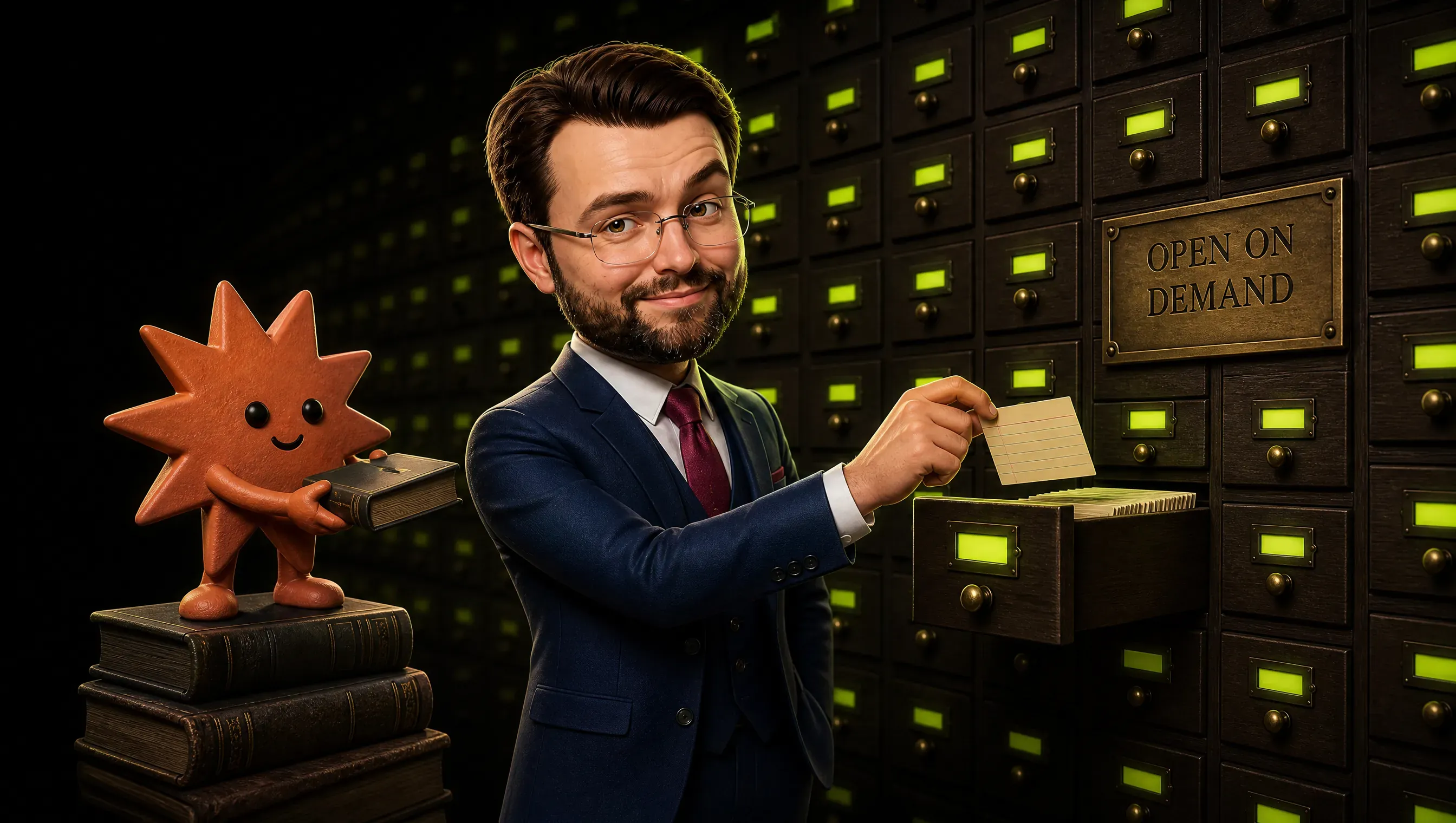 A clay-style marketer pulls a single index card from one open drawer of a huge card catalog with a plaque reading OPEN ON DEMAND, while a small spark-shaped assistant on a stack of books holds out exactly one book