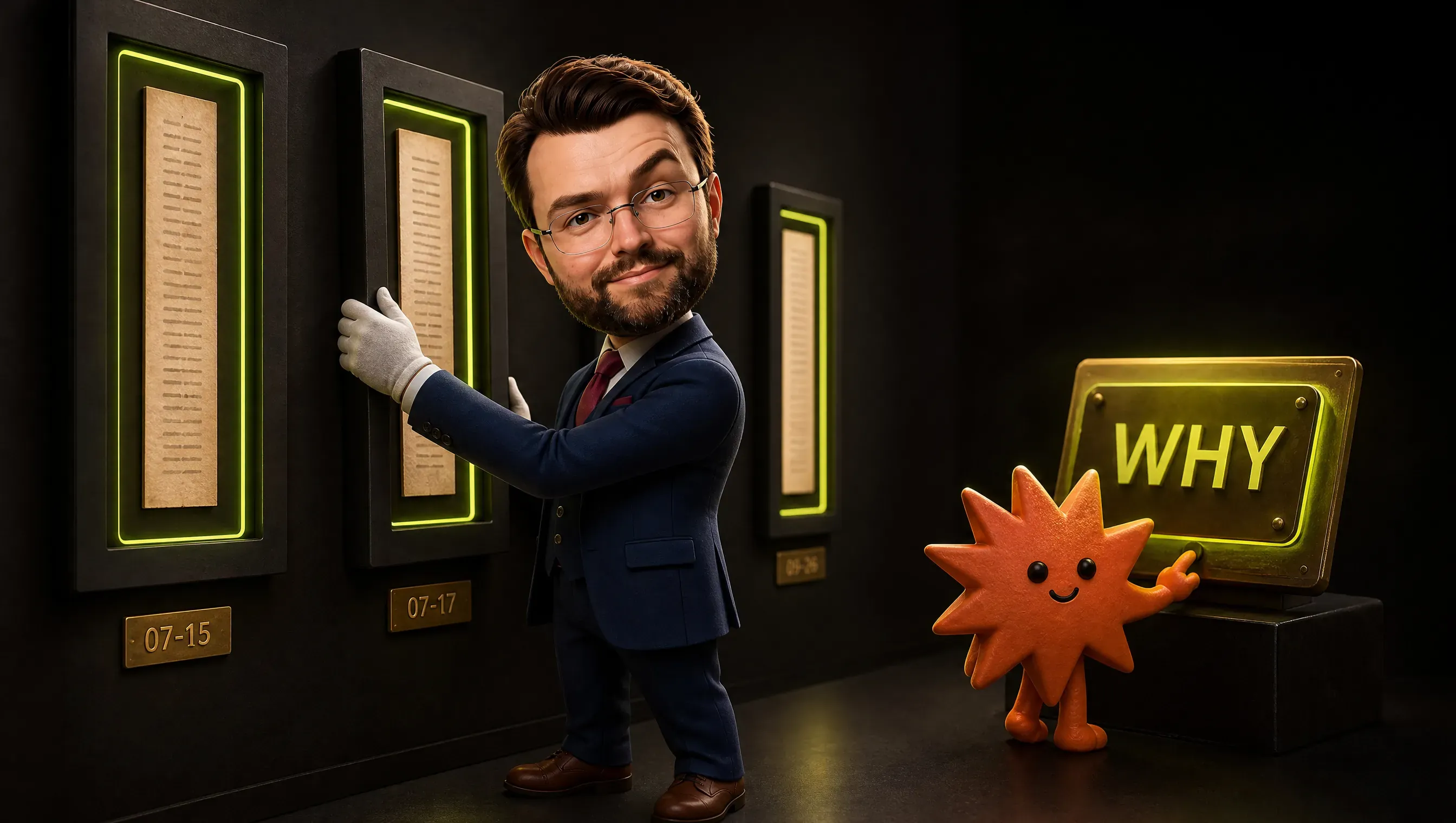 A clay-style marketer in white gloves straightens a framed old rule on a museum wall of dated plaques while a small spark-shaped assistant points at a glowing plaque that reads WHY