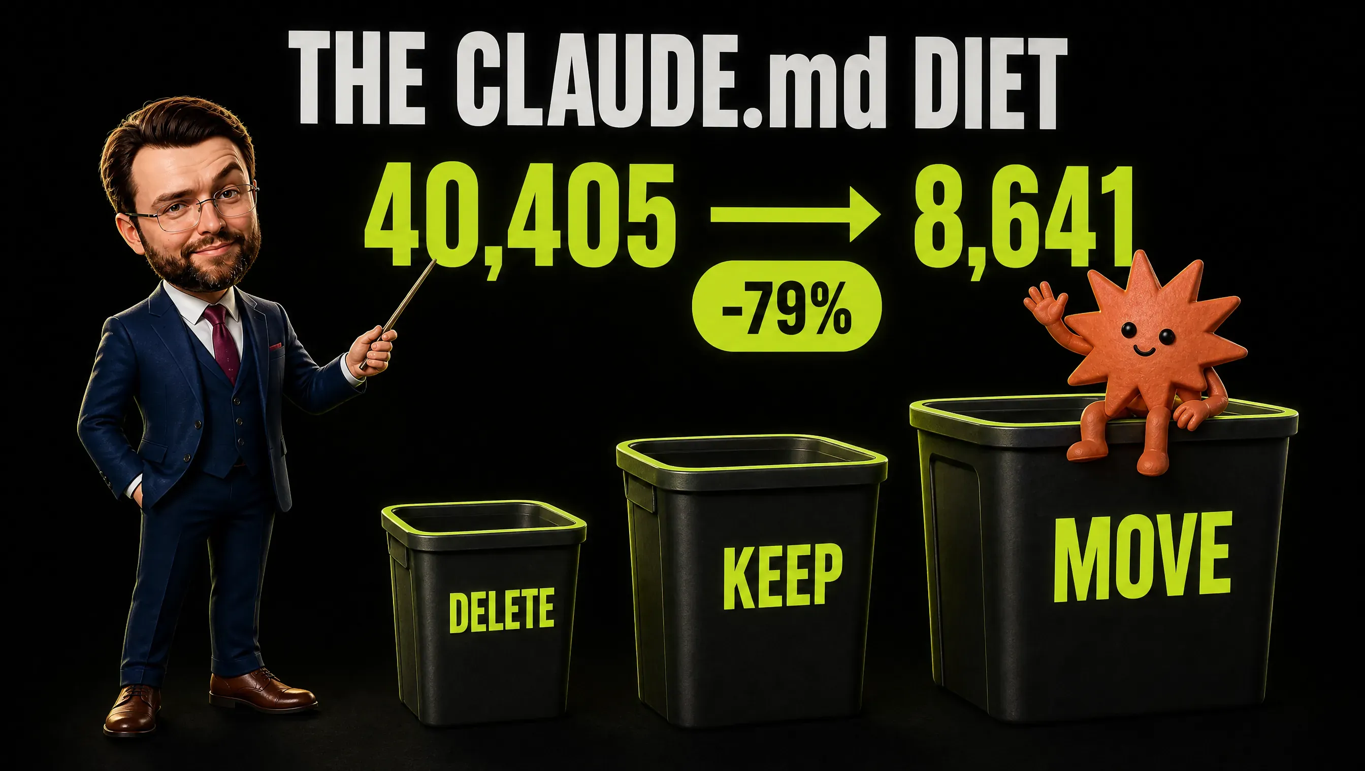 Infographic titled THE CLAUDE.md DIET: 40,405 characters shrink to 8,641, minus 79%, above three bins labeled DELETE, KEEP and MOVE, with a clay-style marketer pointing at the numbers and a small spark-shaped assistant waving from the MOVE bin