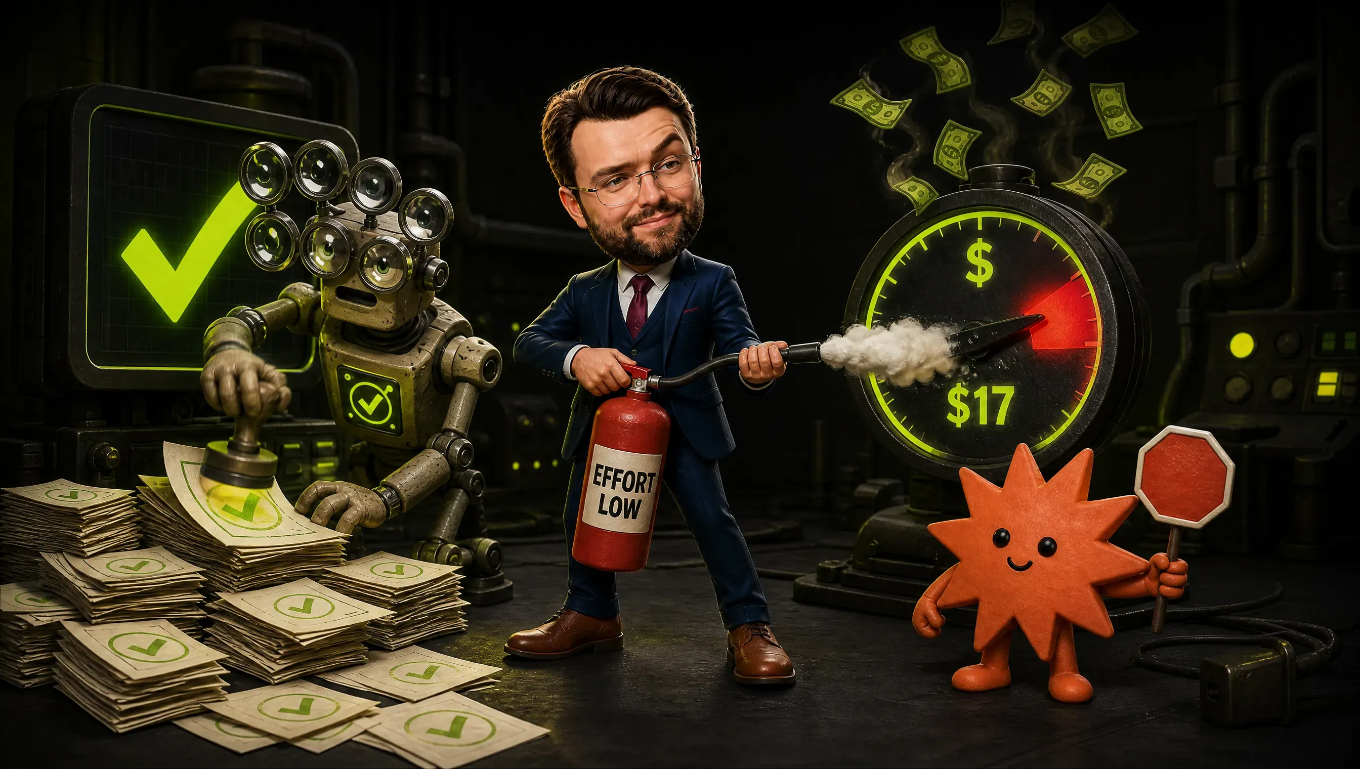 A clay-style marketer sprays a fire extinguisher labeled EFFORT LOW at a gauge marked $17 with banknotes rising like smoke, while a robot with many magnifying glasses keeps stamping the same checkmark and a small spark-shaped assistant holds up a stop sign