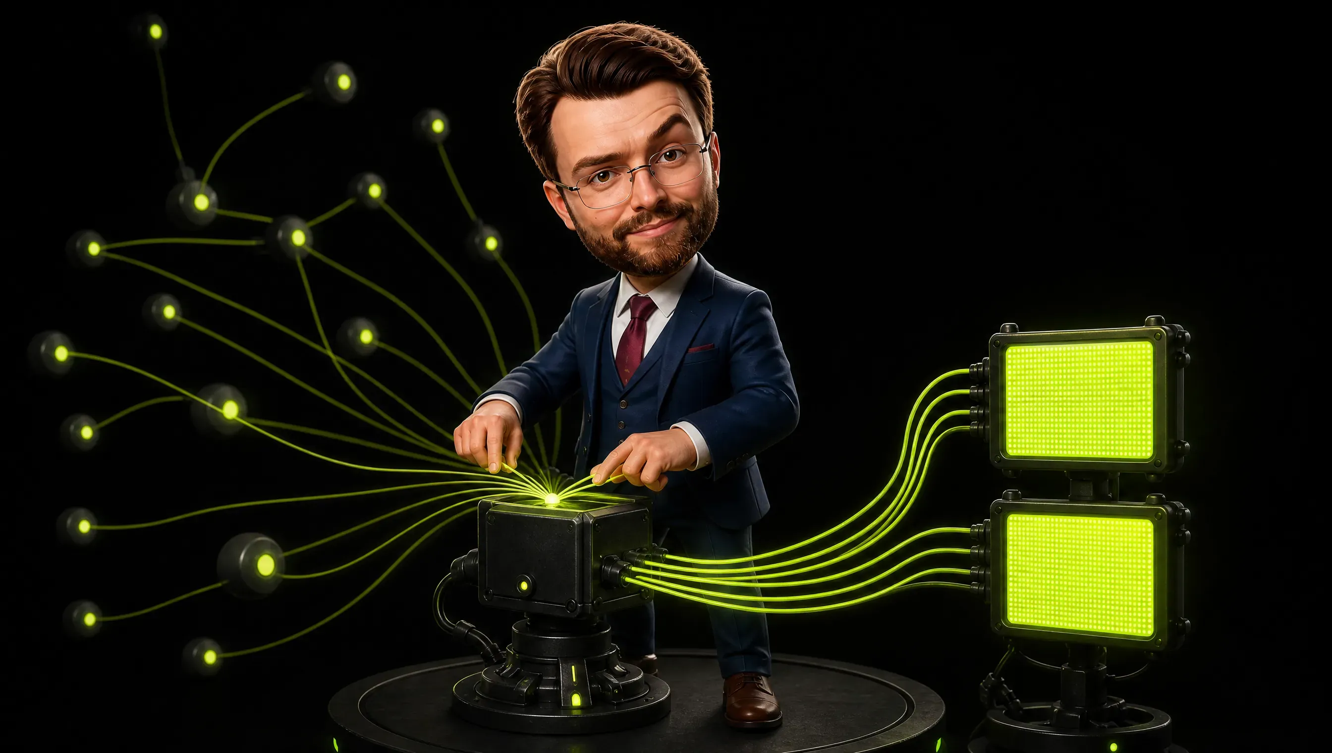 Dozens of thin lime threads converge from scattered nodes on the dark background into a junction box, beyond which two twin panels light up in the same color, client and server saying the same thing