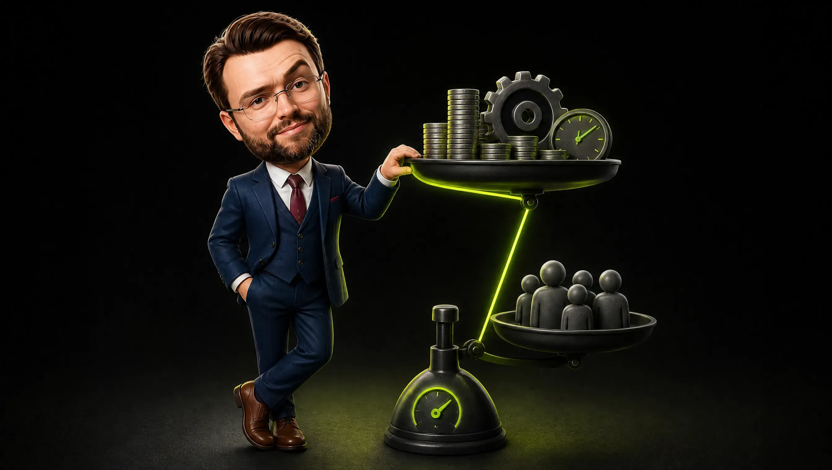 A balance scale built like a fraction: the upper tray loaded with coins, a gear and a clock, the lower tray holding small clay figurines of customers, a lime line running between the two
