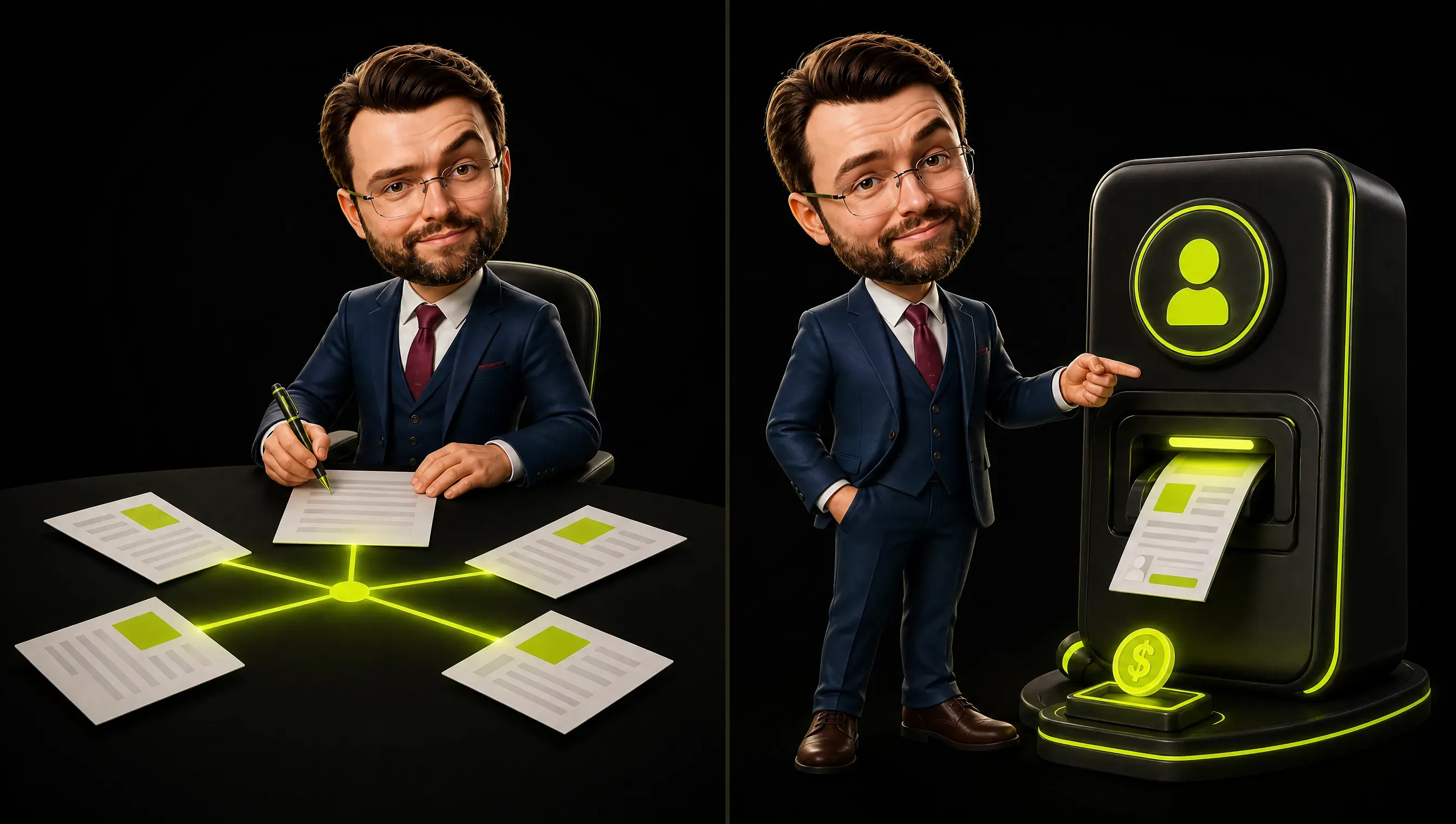 A split scene: on the left the clay figurine writes pages that fan open in five directions, on the right a self-serve machine dispenses a listing card on its own at nearly zero cost