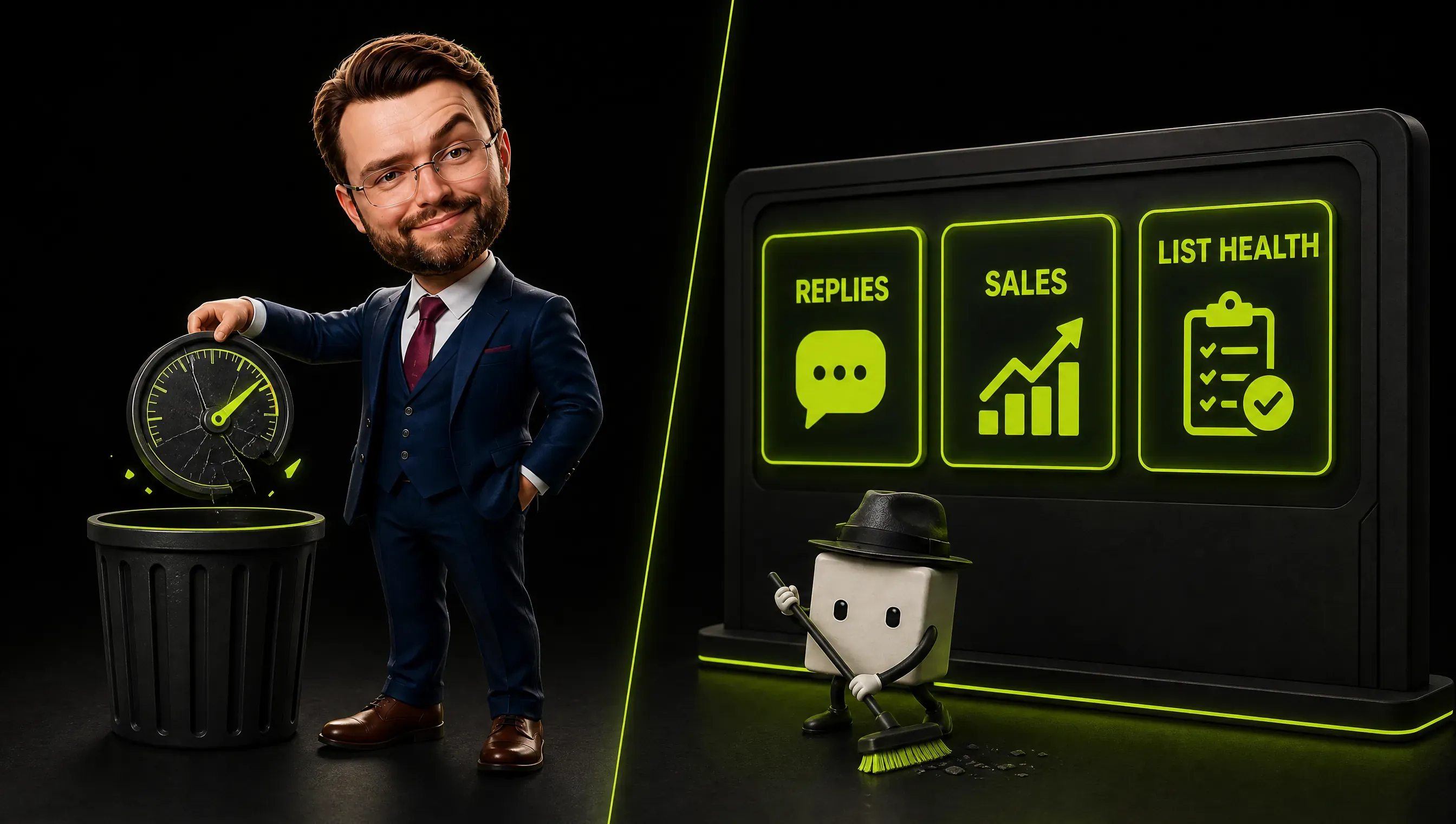 The clay-style marketer rests a hand on a cracked gauge in a bin, next to a clean dashboard with three tiles, REPLIES, SALES and LIST HEALTH, while a small pixel character sweeps the floor with a tiny broom