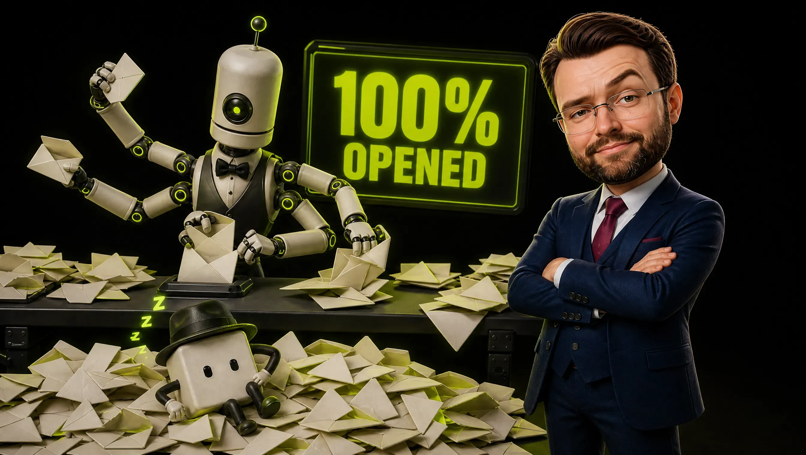 A butler robot with many arms opens a pile of envelopes beside a glowing sign reading 100% OPENED, while the clay-style marketer watches with folded arms and a small pixel character sleeps in the pile