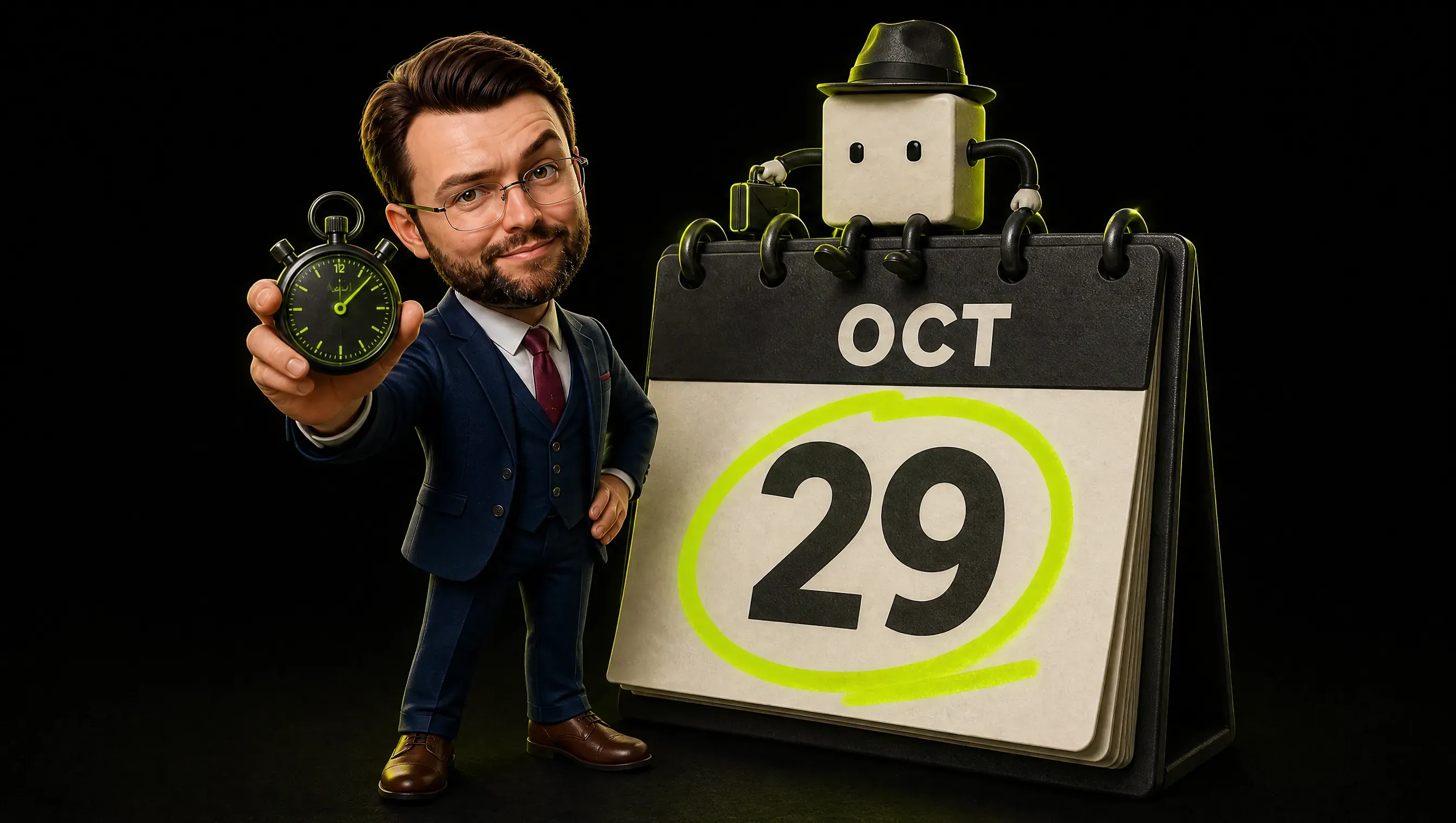 A desk calendar showing October with the 29th circled in lime; the clay-style marketer holds a stopwatch beside it and a small pixel character in a hat sits on top