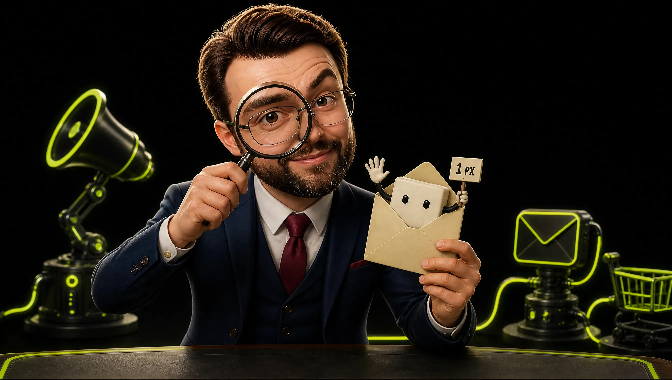 A clay-style marketer in a vest peers through a magnifying glass while holding an envelope; a tiny white cube character with a 1 PX sign waves from the flap