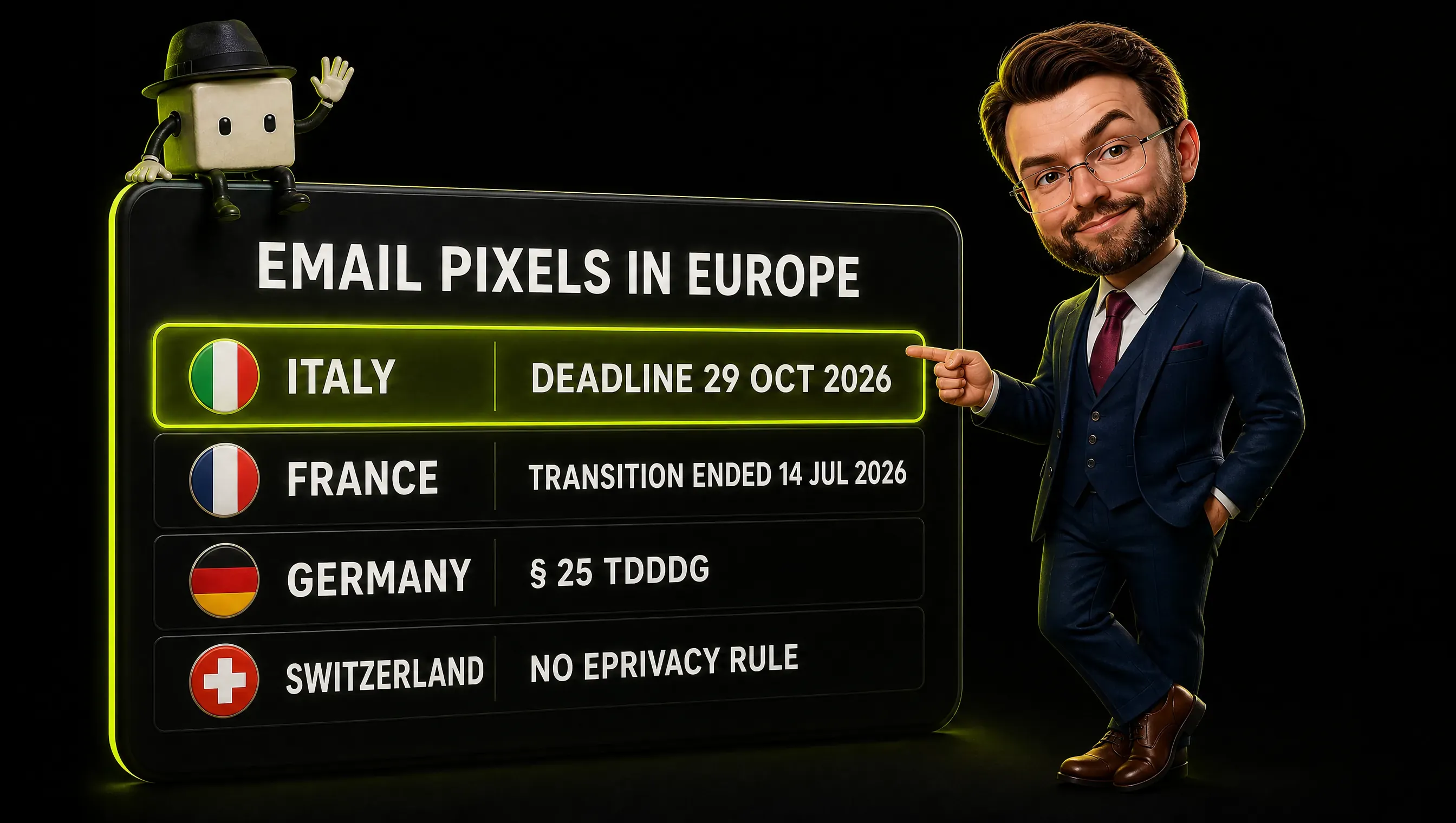An infographic titled EMAIL PIXELS IN EUROPE with four rows and flags: Italy, deadline 29 Oct 2026; France, transition ended 14 Jul 2026; Germany, § 25 TDDDG; Switzerland, no ePrivacy rule. The clay-style marketer points at the table