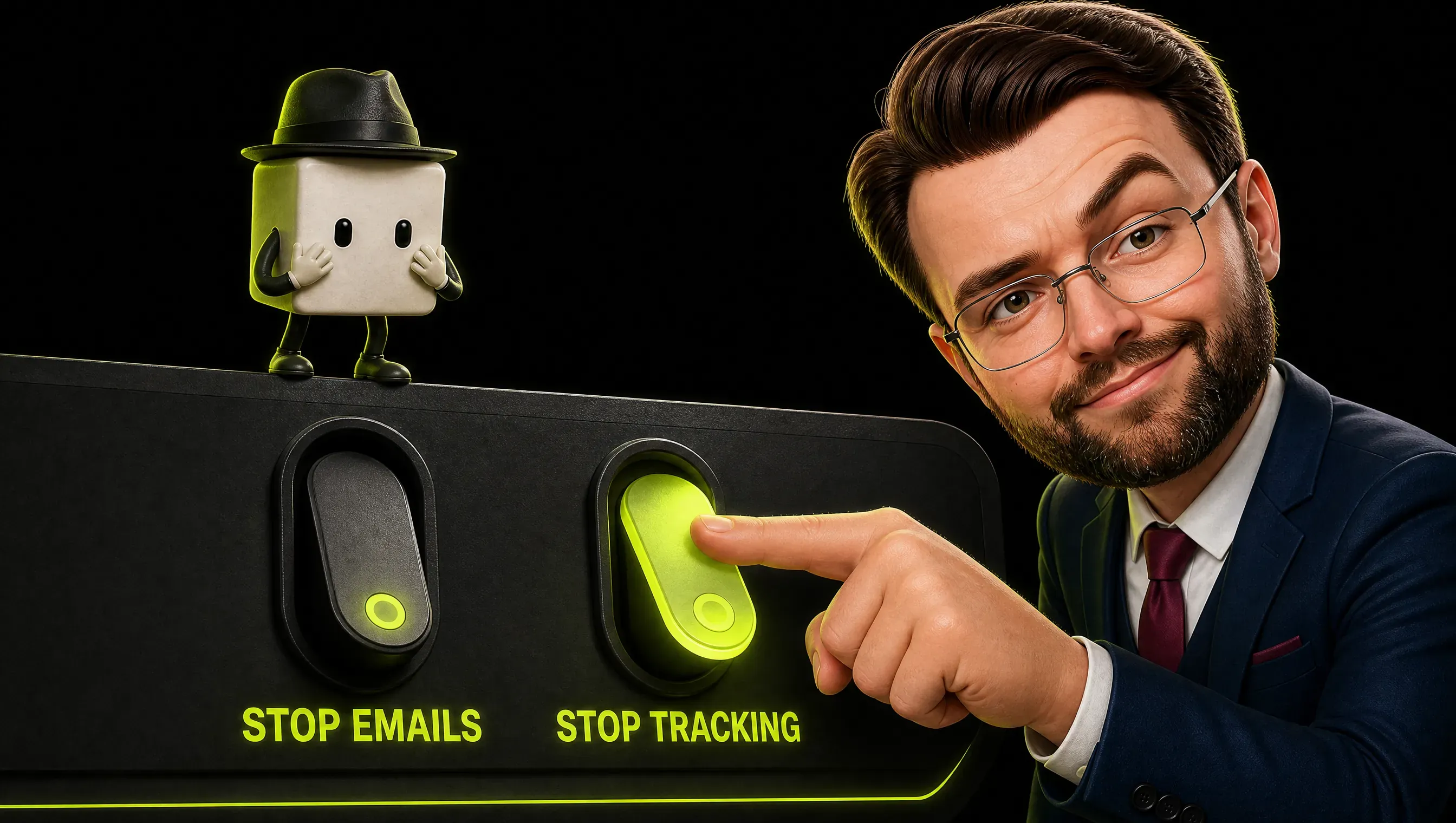 The clay-style marketer points at the lit one of two big switches on a newsletter footer panel, labeled STOP EMAILS and STOP TRACKING, while a small pixel character in a hat watches from above